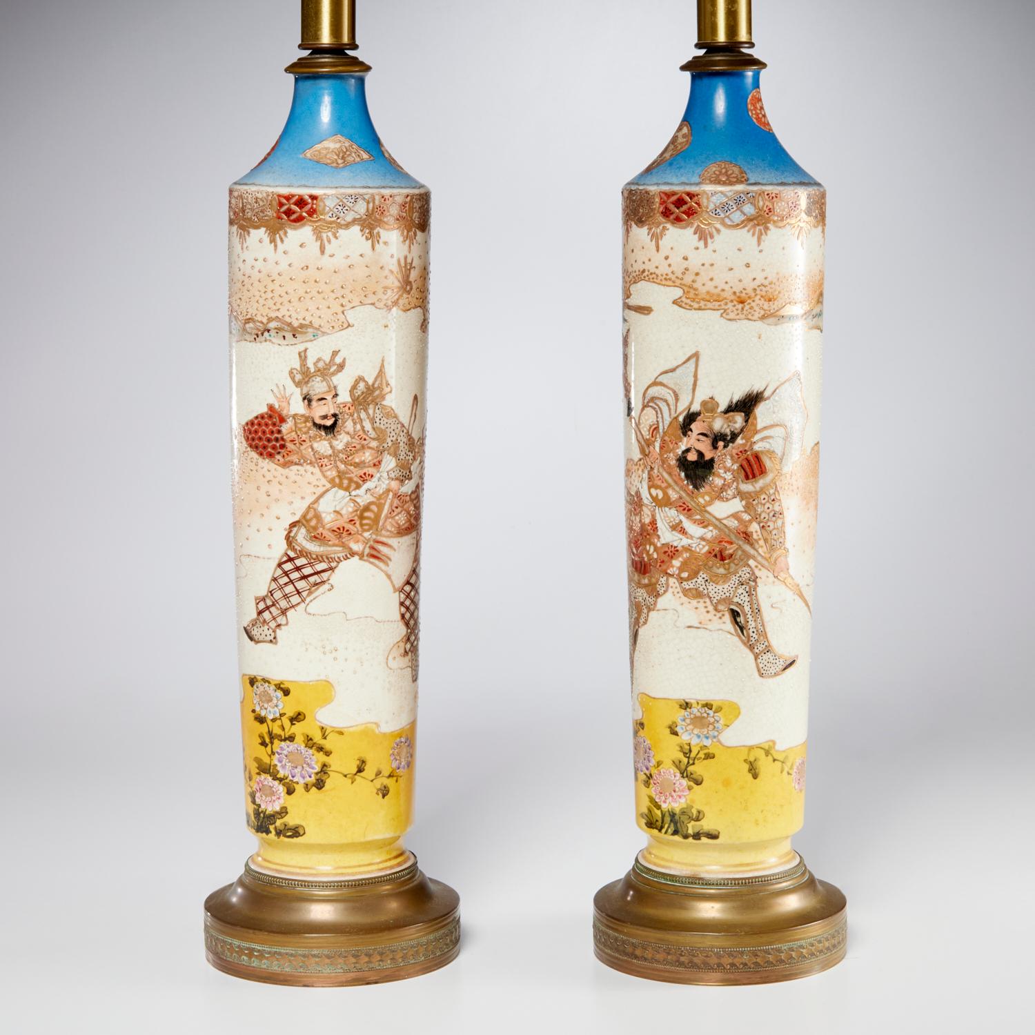 Late 19th C., Pair of Japanese Satsuma Vase Table Lamps with Warrior Figures For Sale 4