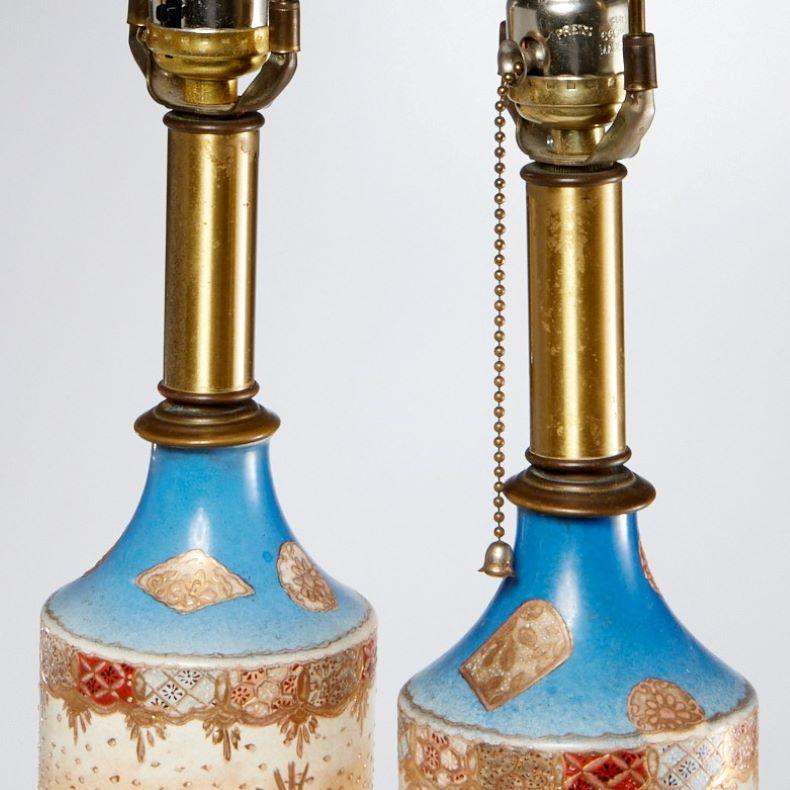 Meiji Late 19th C., Pair of Japanese Satsuma Vase Table Lamps with Warrior Figures For Sale