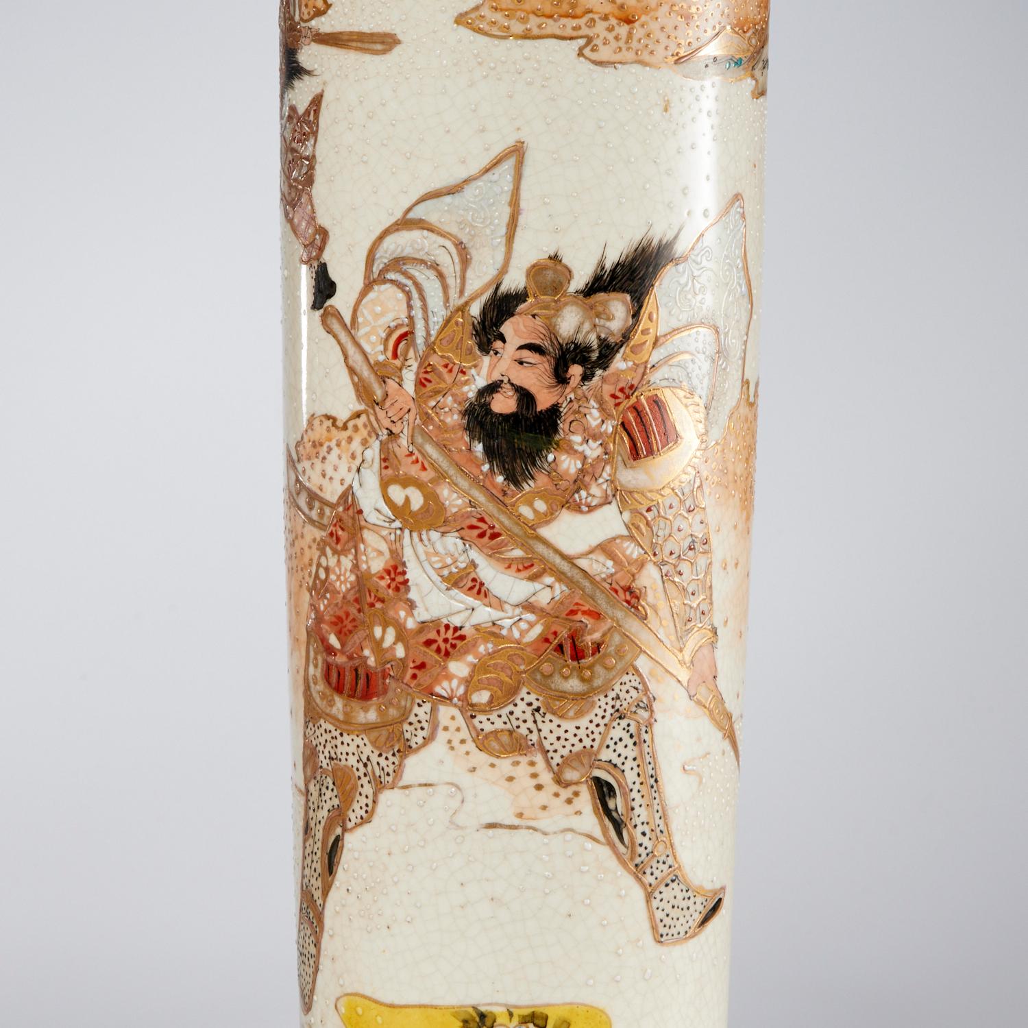 Glazed Late 19th C., Pair of Japanese Satsuma Vase Table Lamps with Warrior Figures For Sale