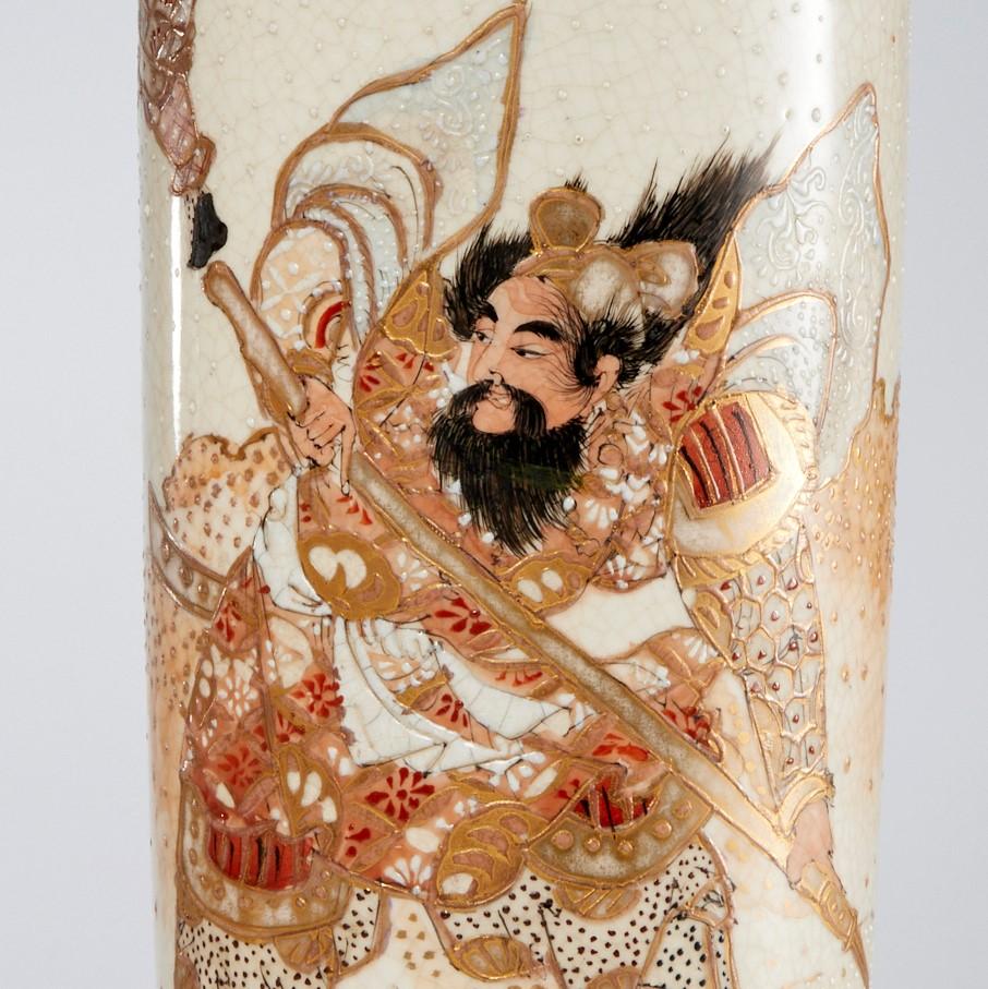 Late 19th C., Pair of Japanese Satsuma Vase Table Lamps with Warrior Figures In Good Condition For Sale In Morristown, NJ