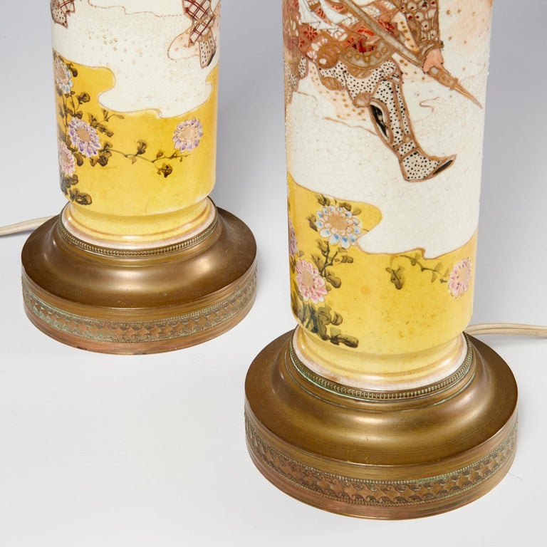 Late 19th C., Pair of Japanese Satsuma Vase Table Lamps with Warrior