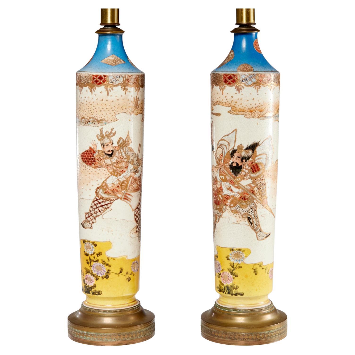 Late 19th C., Pair of Japanese Satsuma Vase Table Lamps with Warrior Figures For Sale