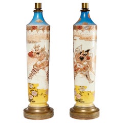 Late 19th C., Pair of Japanese Satsuma Vase Table Lamps with Warrior Figures