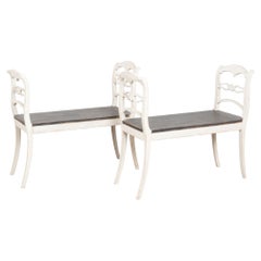 Late 19th C. Pair of Swedish Gustavian White Painted Benches with Black Seats