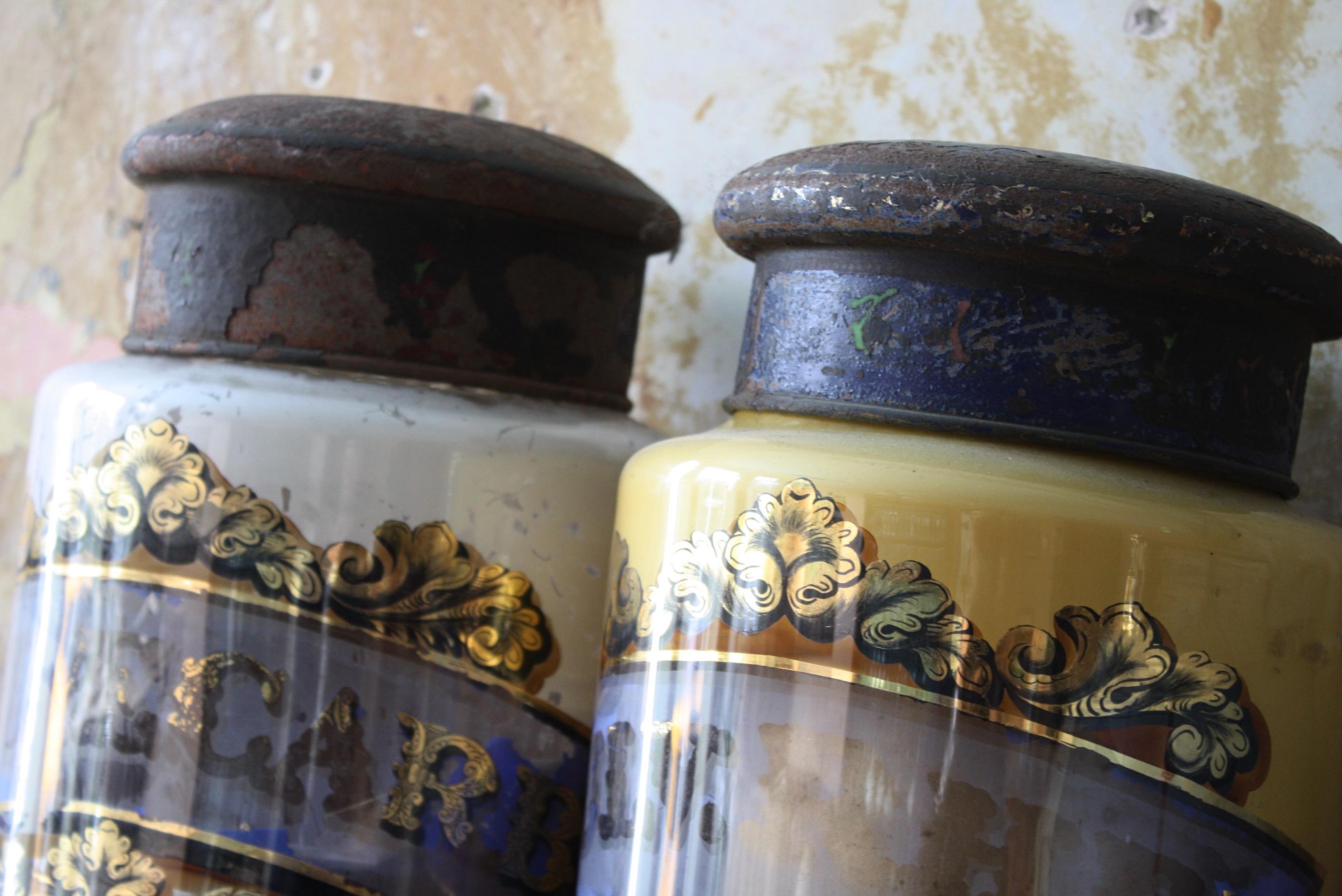 Late 19th C Pair of Victorian Chemist Apothecary Species Jars Reverse Painted 1