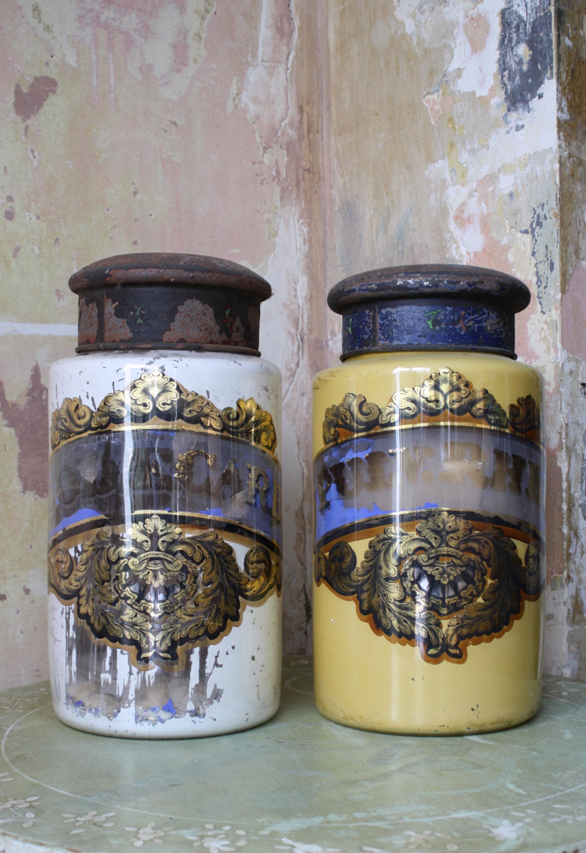 Late 19th C Pair of Victorian Chemist Apothecary Species Jars Reverse Painted 2