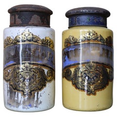 Late 19th C Pair of Victorian Chemist Apothecary Species Jars Reverse Painted