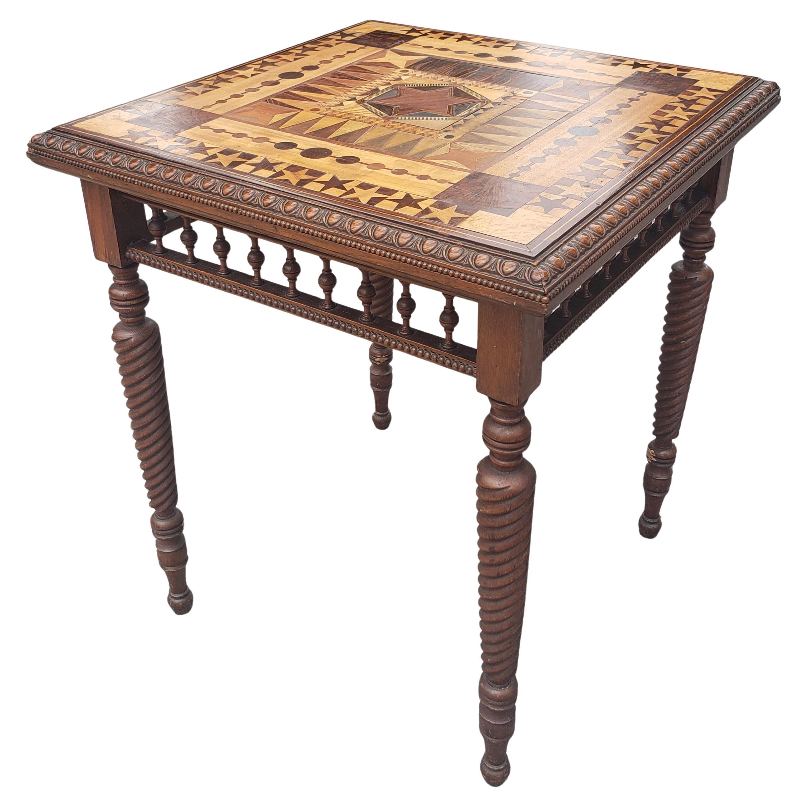 A stunning Late 19th C. Parquetry Mixed Woods and Turned Twisted Legs Card table, Tea Table. Amazing parquetry work out of fines wood species such as satinwood, walnut, burl mahogany, burl walnut, bird eye maple etc... Very Fine carvings on edges
