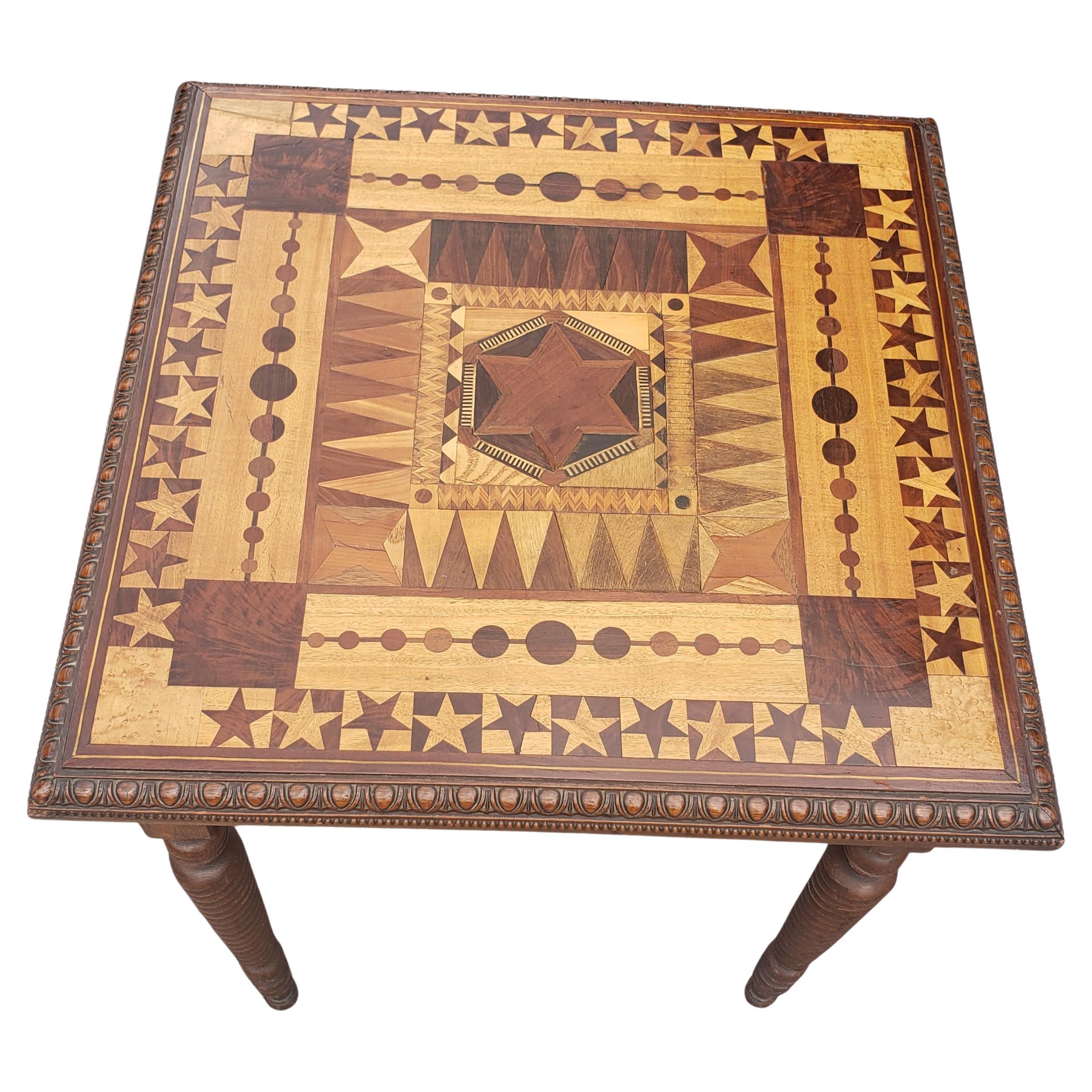 Late Victorian Late 19th C. Parquetry Mixed Woods and Turned Twisted Legs Card Tea Table For Sale