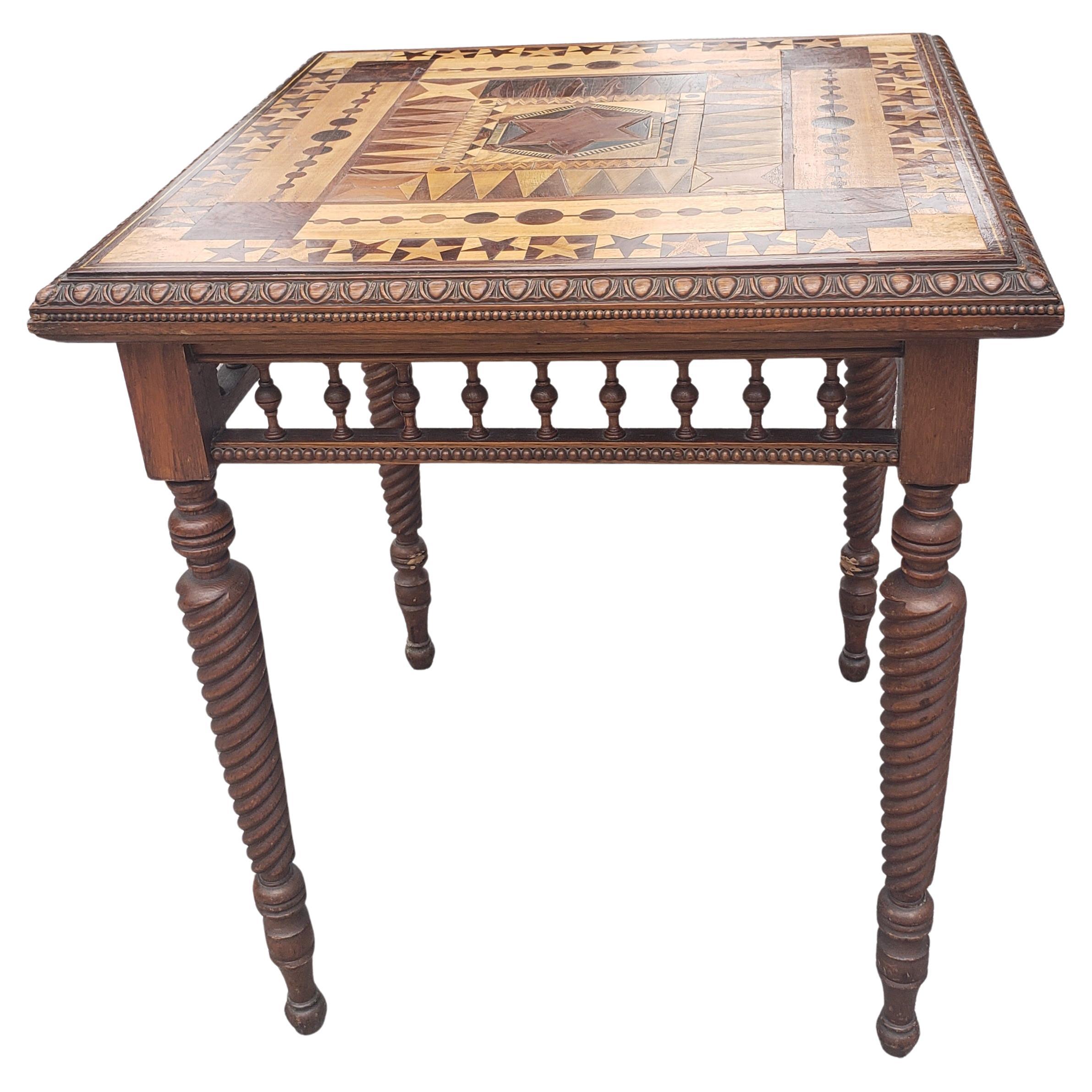 19th Century Late 19th C. Parquetry Mixed Woods and Turned Twisted Legs Card Tea Table For Sale