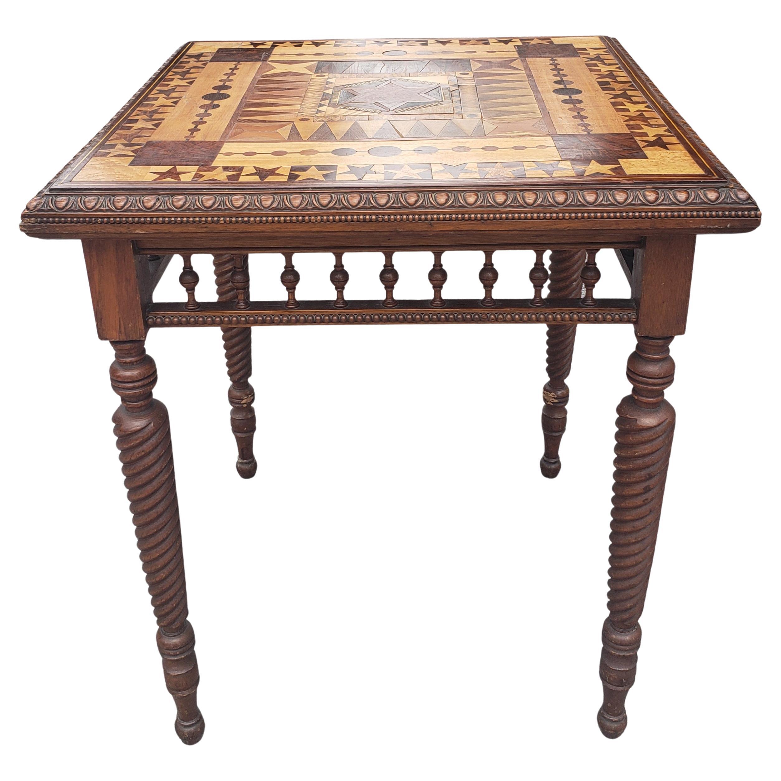Birdseye Maple Late 19th C. Parquetry Mixed Woods and Turned Twisted Legs Card Tea Table For Sale