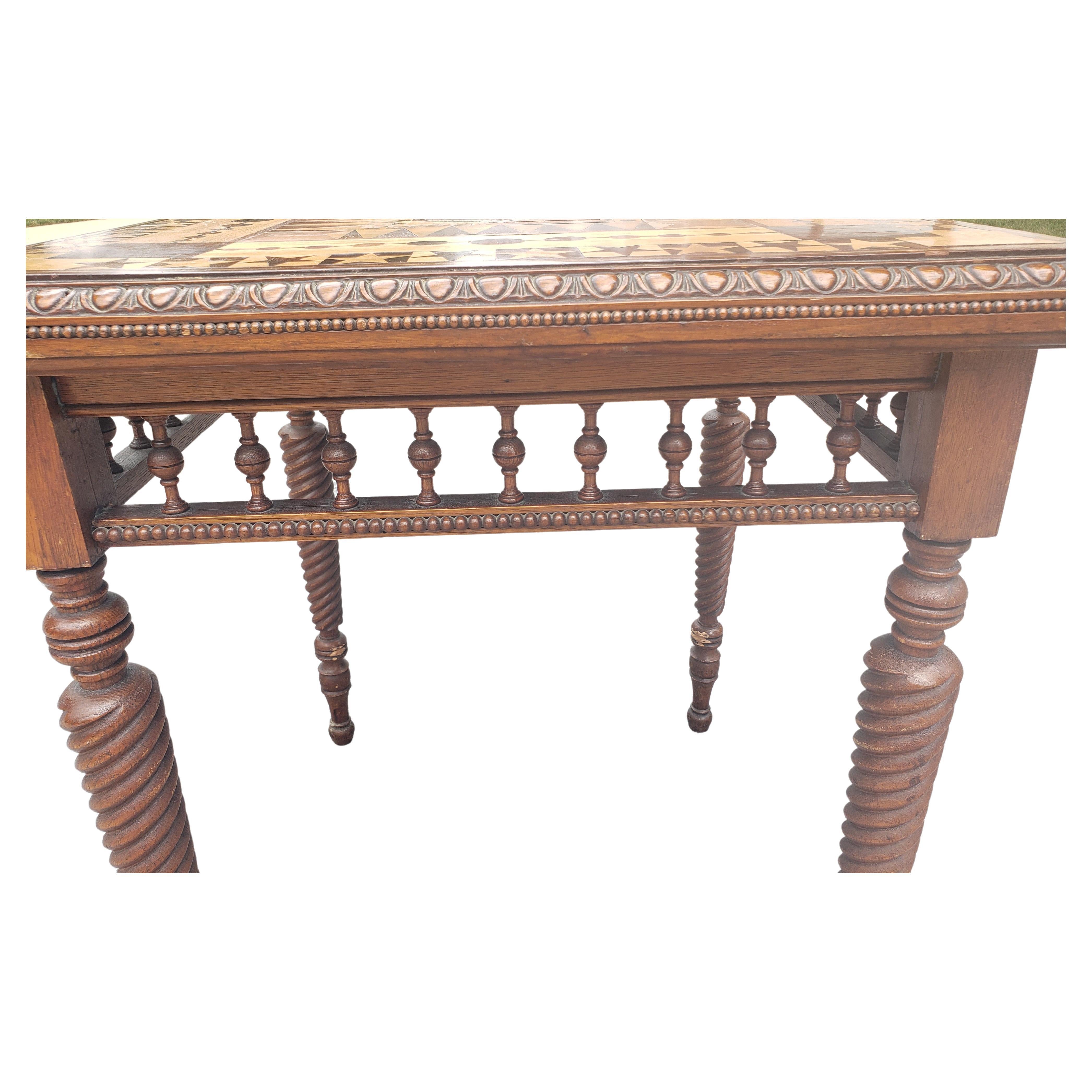 Late 19th C. Parquetry Mixed Woods and Turned Twisted Legs Card Tea Table For Sale 2