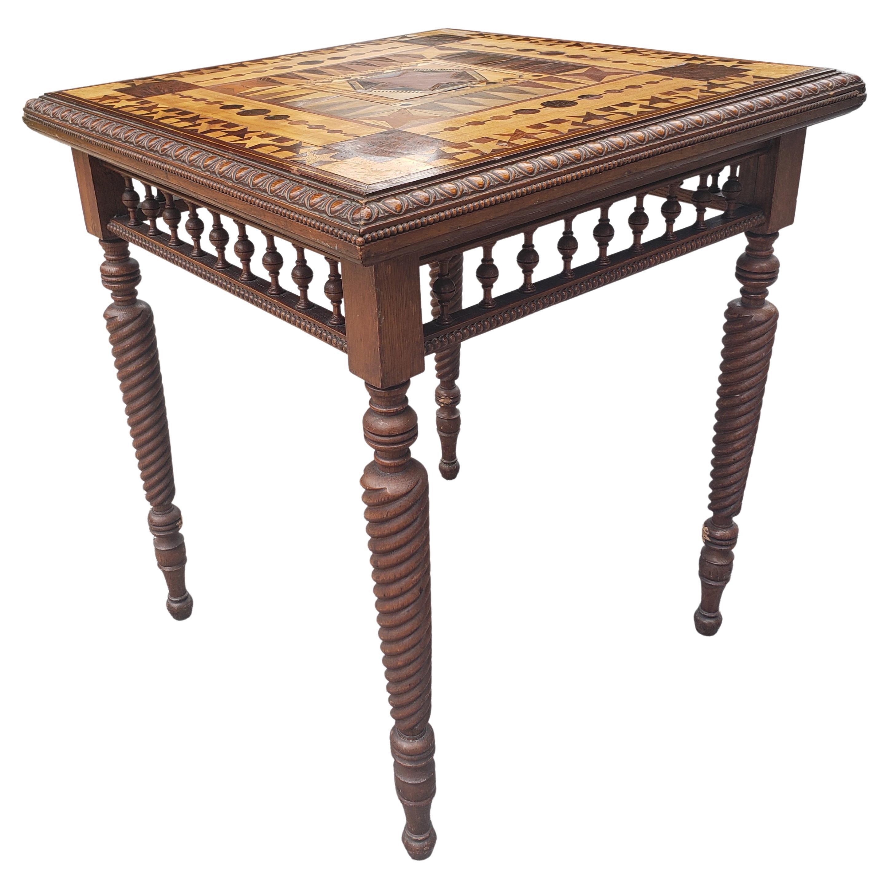 Late 19th C. Parquetry Mixed Woods and Turned Twisted Legs Card Tea Table For Sale