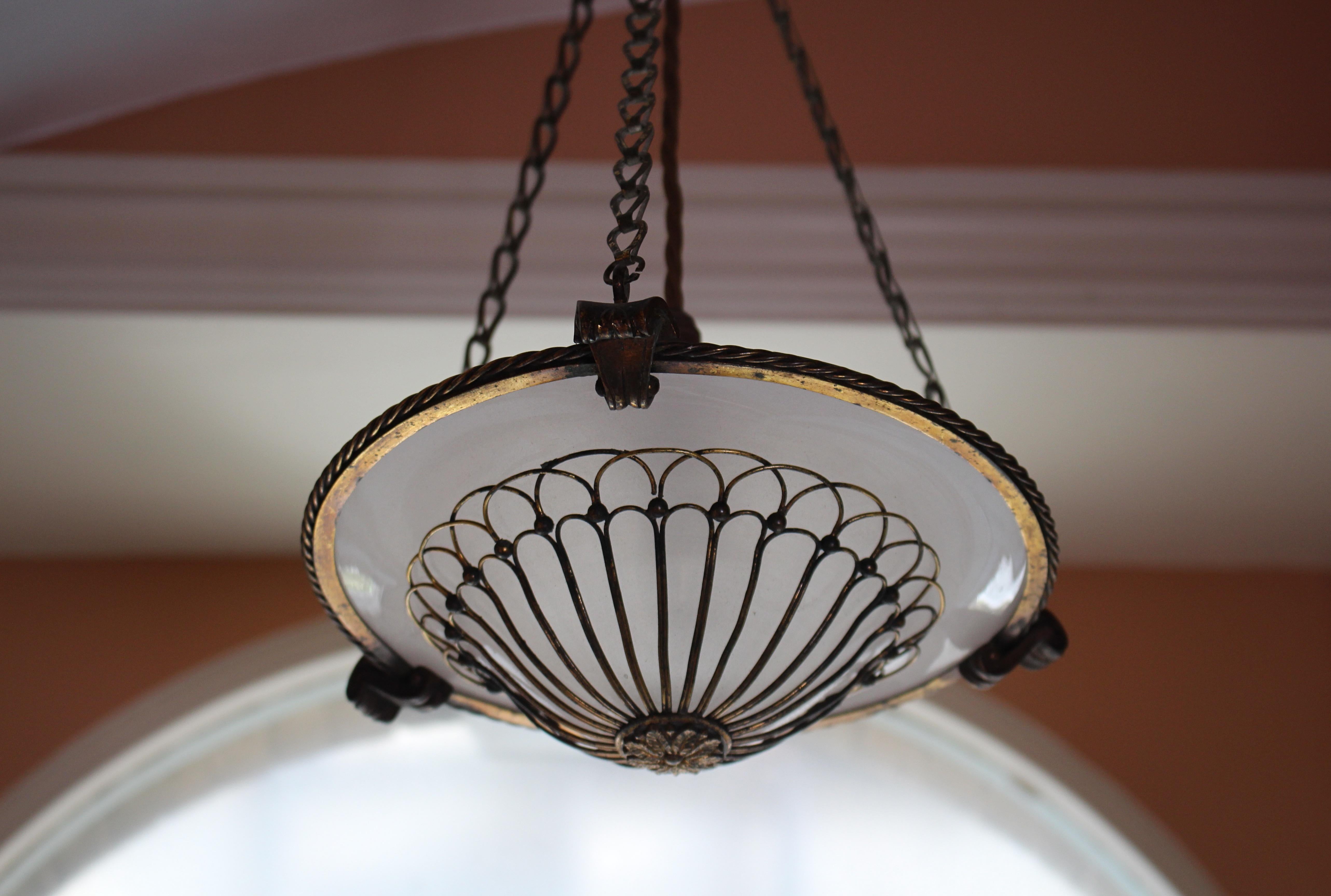 Late 19th C Petite Gilt Brass Faraday & Son of London Plafoniere Pendant Light 5