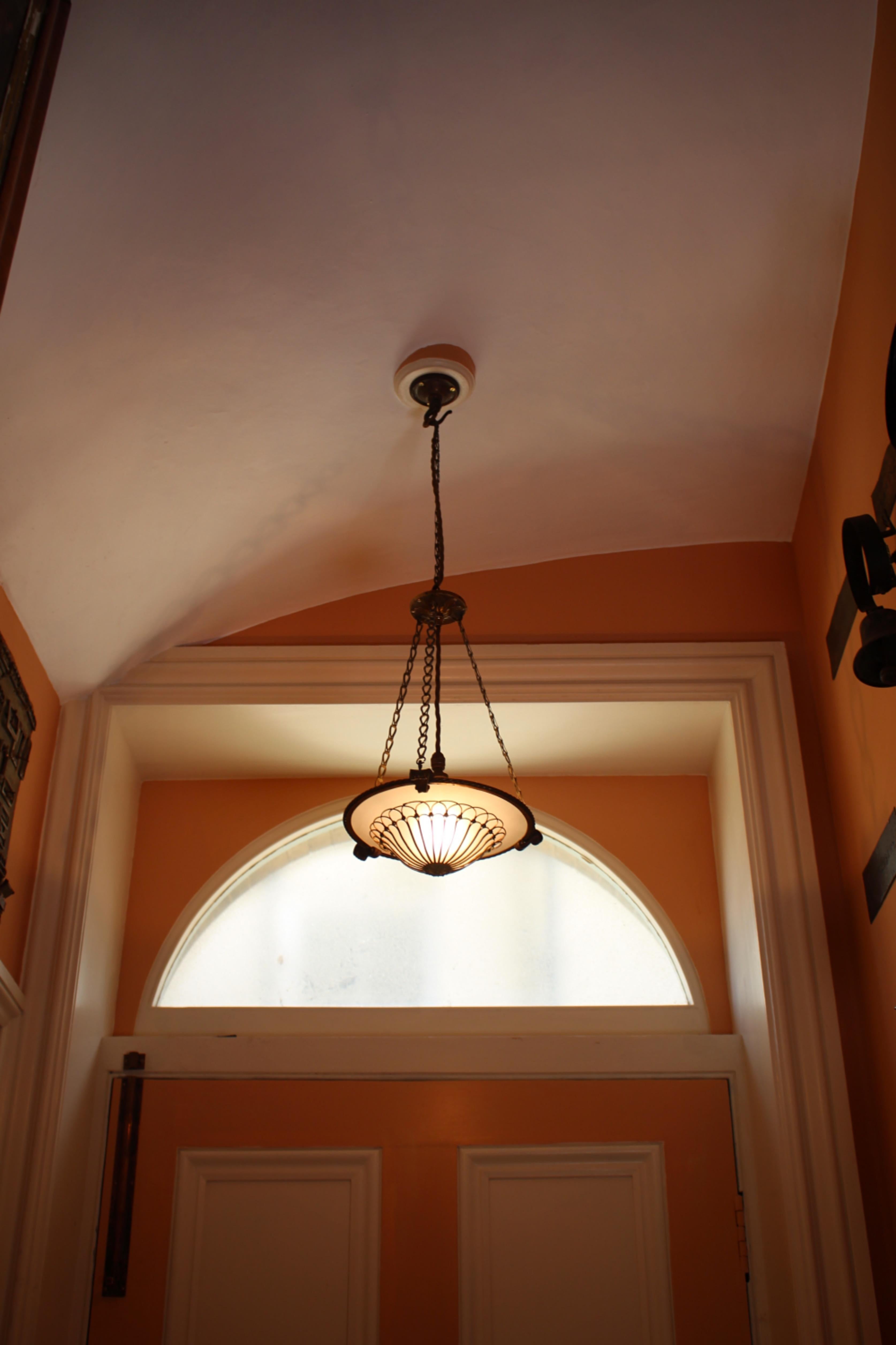 English Late 19th C Petite Gilt Brass Faraday & Son of London Plafoniere Pendant Light