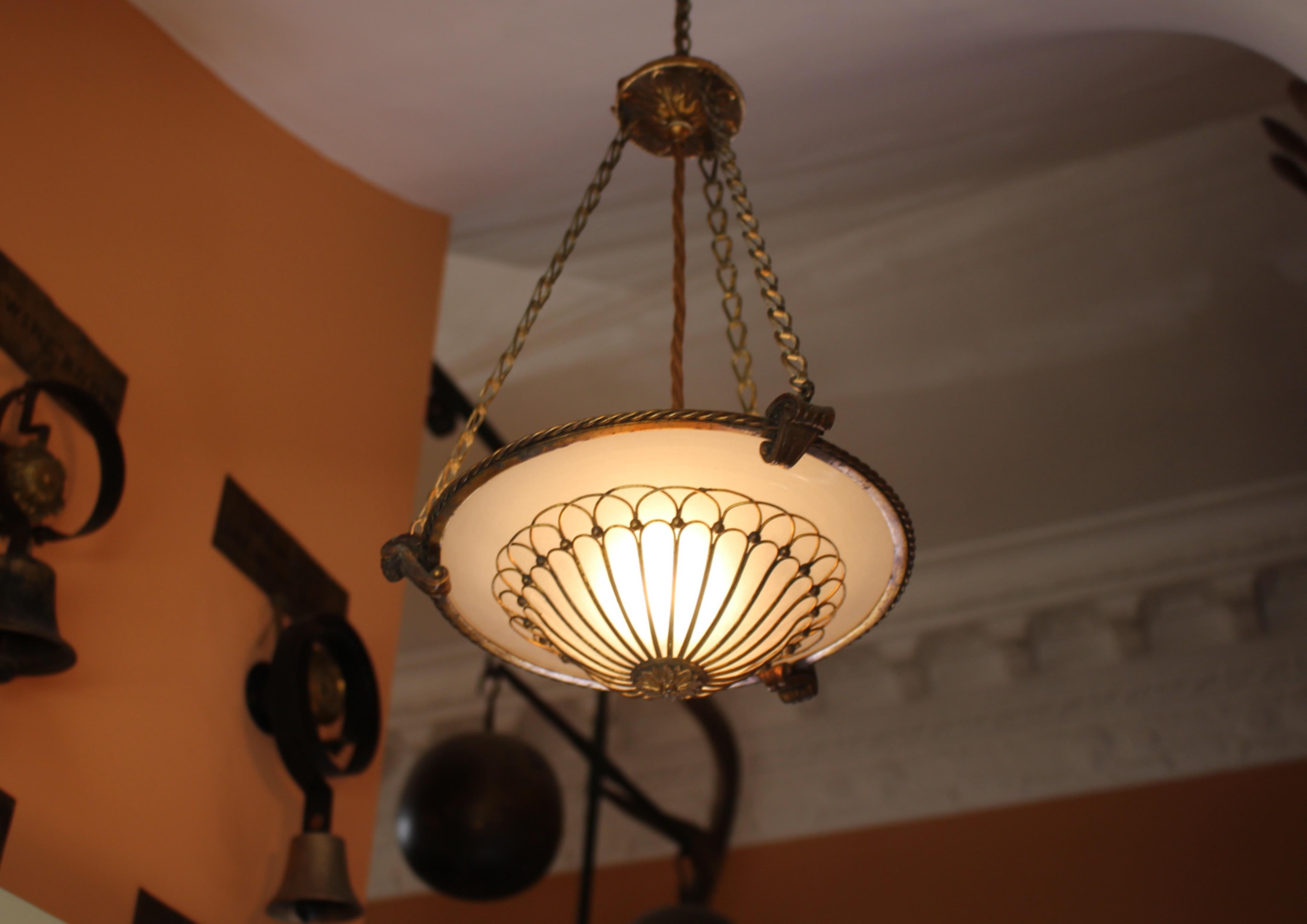 Late 19th C Petite Gilt Brass Faraday & Son of London Plafoniere Pendant Light In Good Condition In Lowestoft, GB