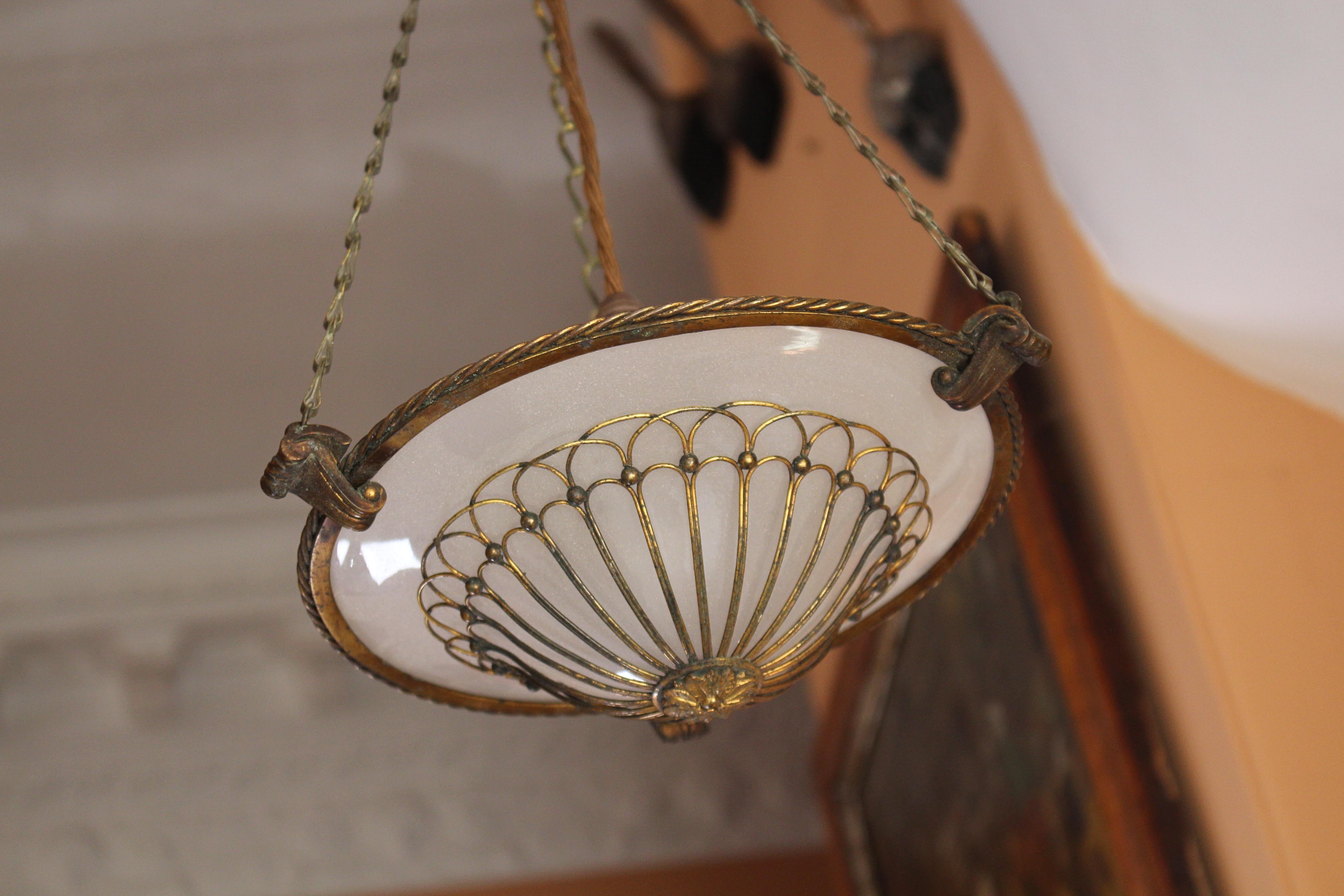 Late 19th C Petite Gilt Brass Faraday & Son of London Plafoniere Pendant Light 1