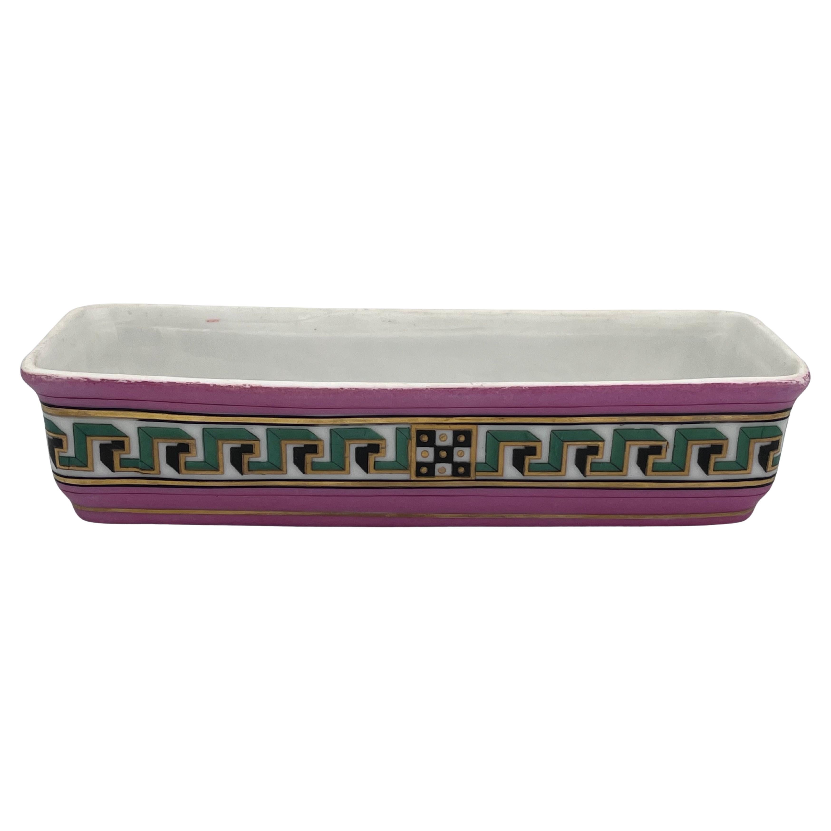 Late 19th C. Porcelain Vanity Dish w/ Mustache Dividers Pink and Green Greek Key For Sale