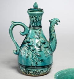 Late 19th C. Qing Guangxu Turquoise-Glazed Porcelain Dragon Ewer and Fish Dish