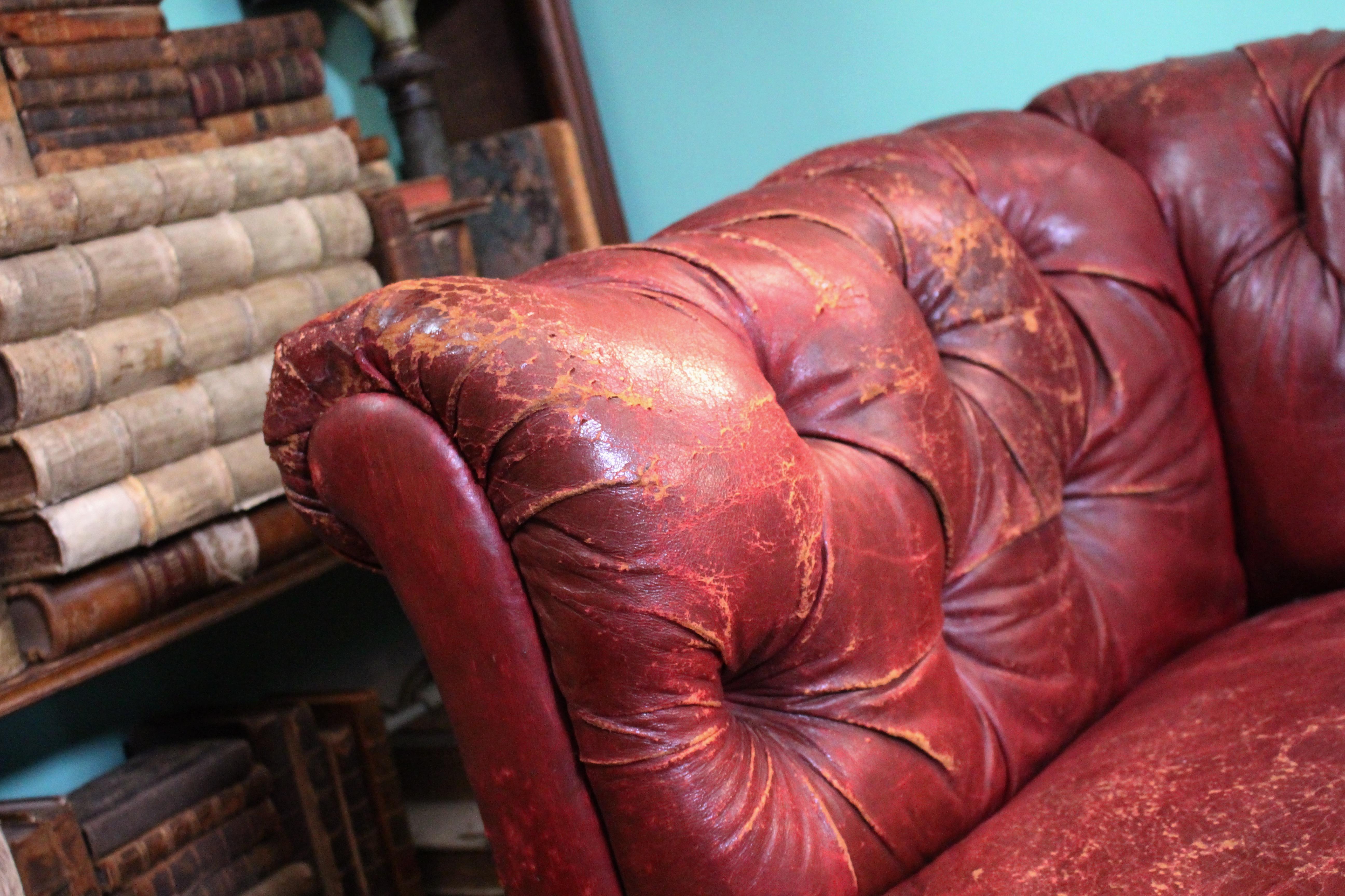 Late 19th C Red Burgandy Buttoned Moroccan Leather English Chesterfield Sofa 6