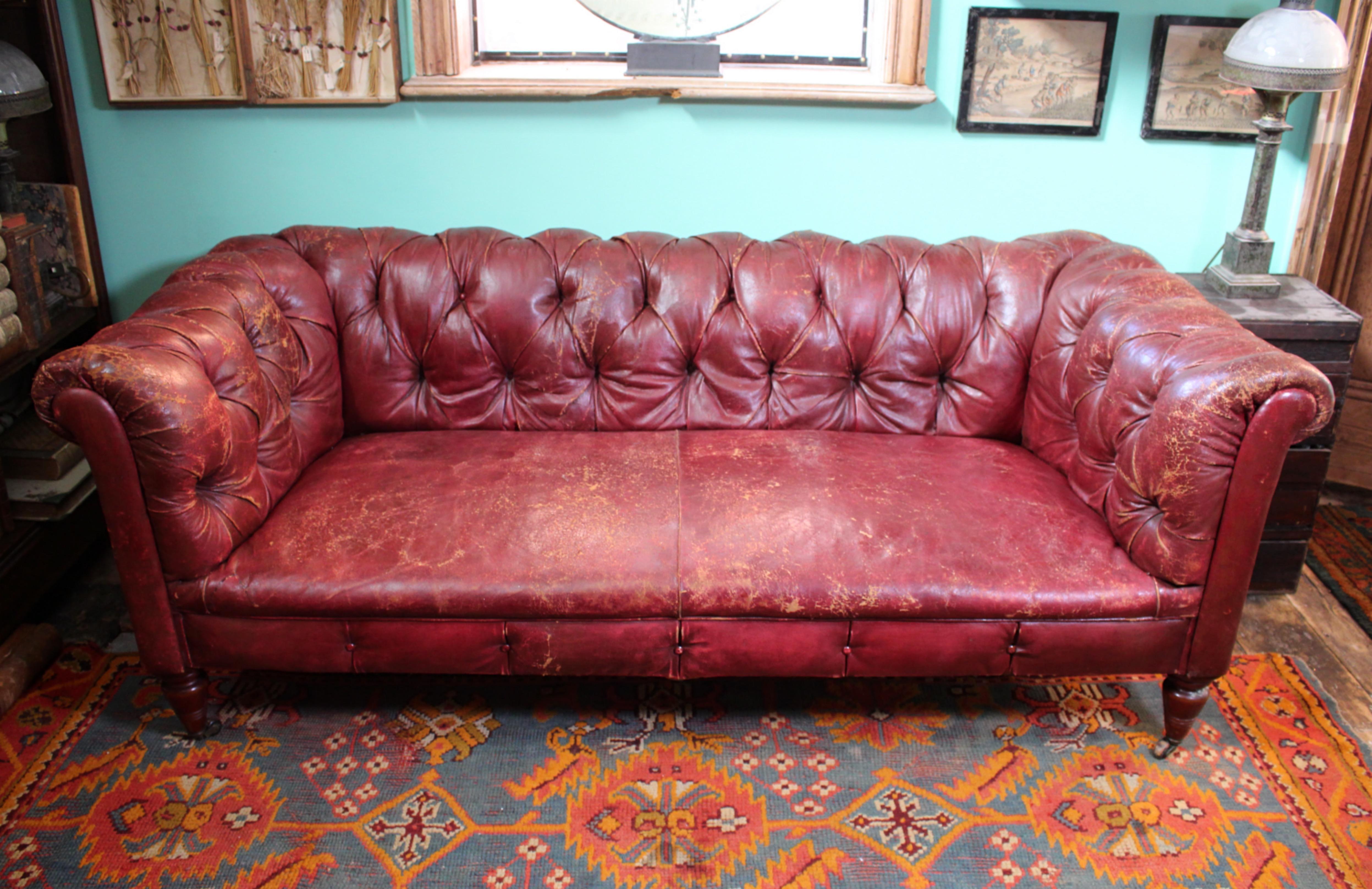 Late 19th C Red Burgandy Buttoned Moroccan Leather English Chesterfield Sofa 8