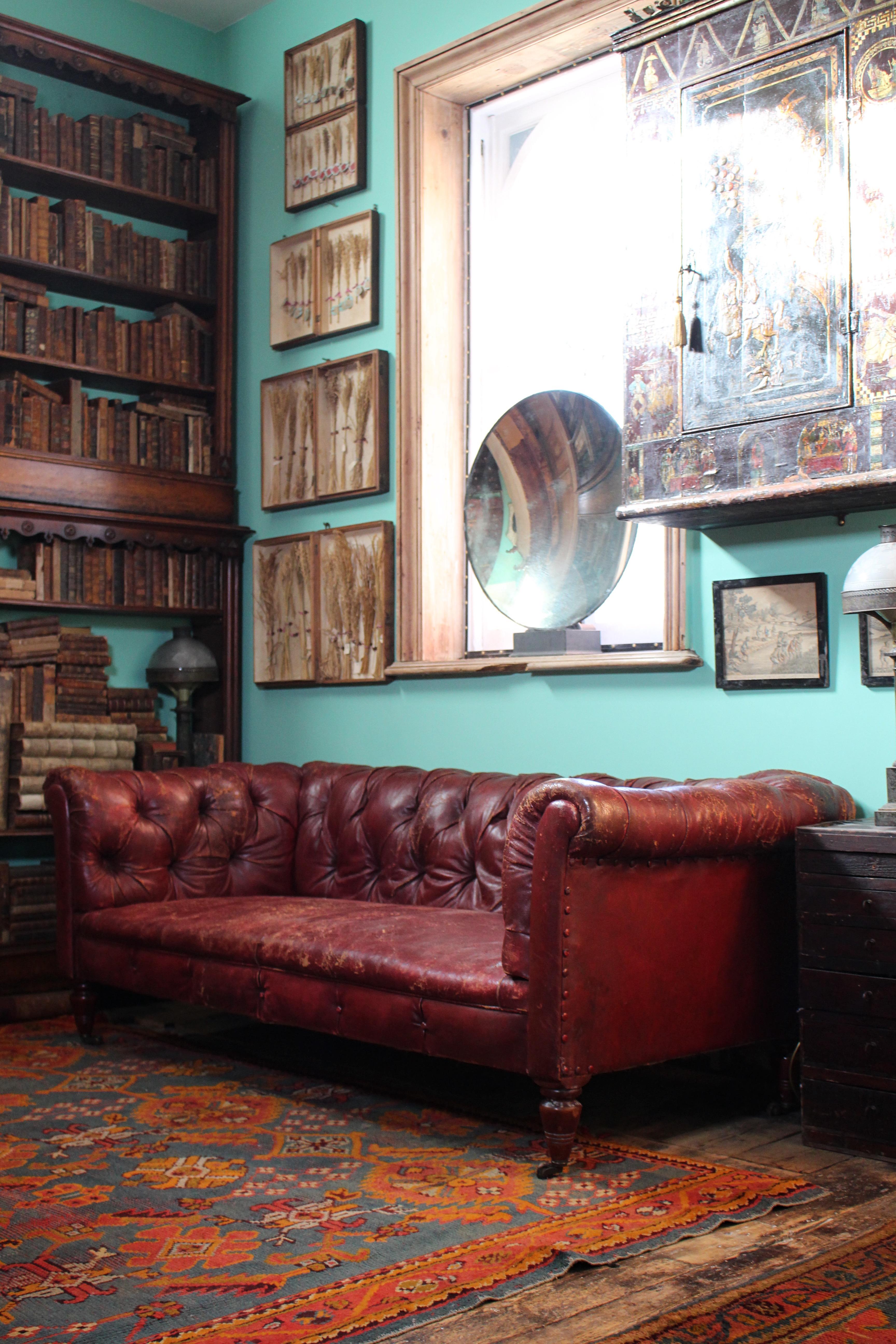 Late Victorian Late 19th C Red Burgandy Buttoned Moroccan Leather English Chesterfield Sofa
