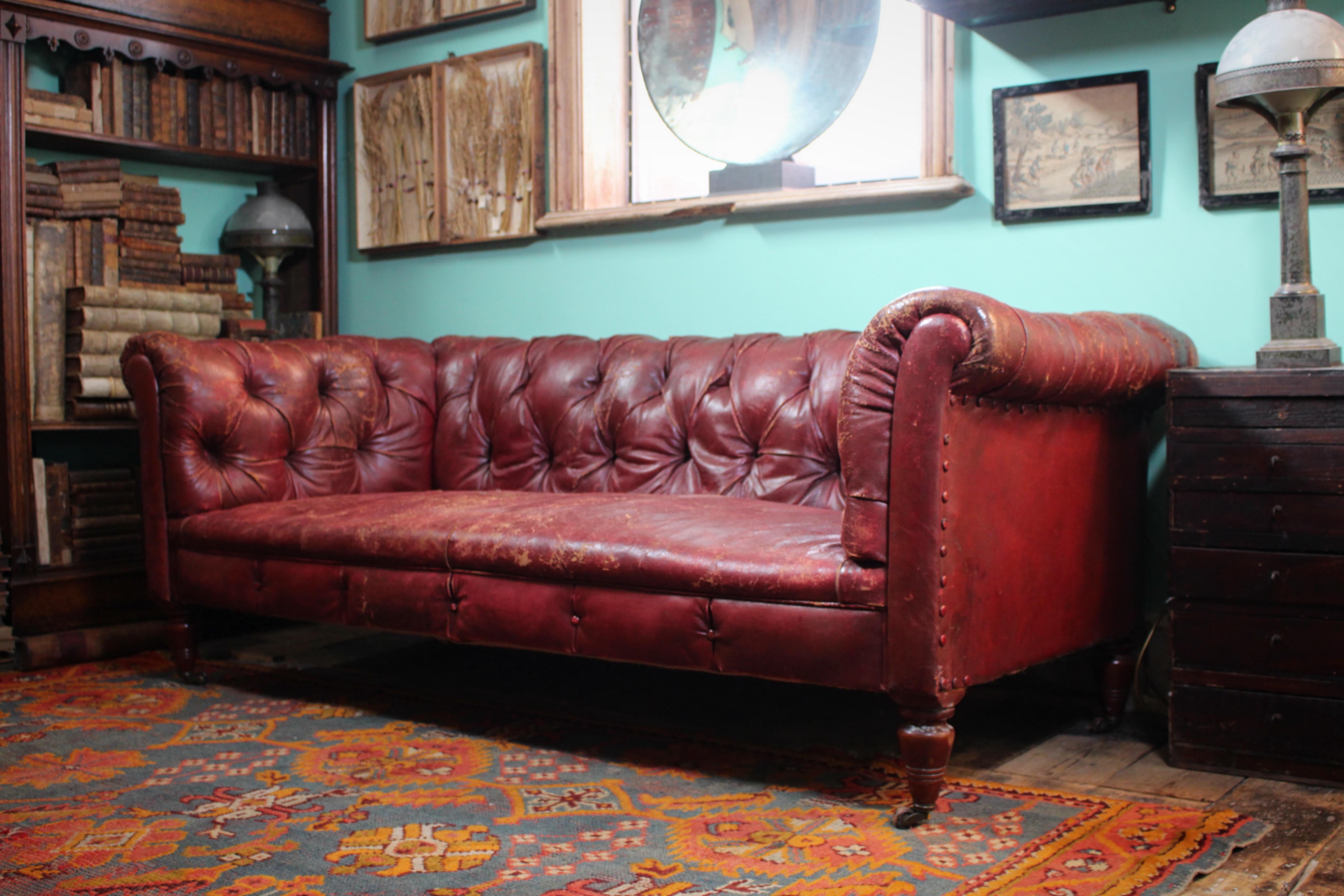 19th Century Late 19th C Red Burgandy Buttoned Moroccan Leather English Chesterfield Sofa