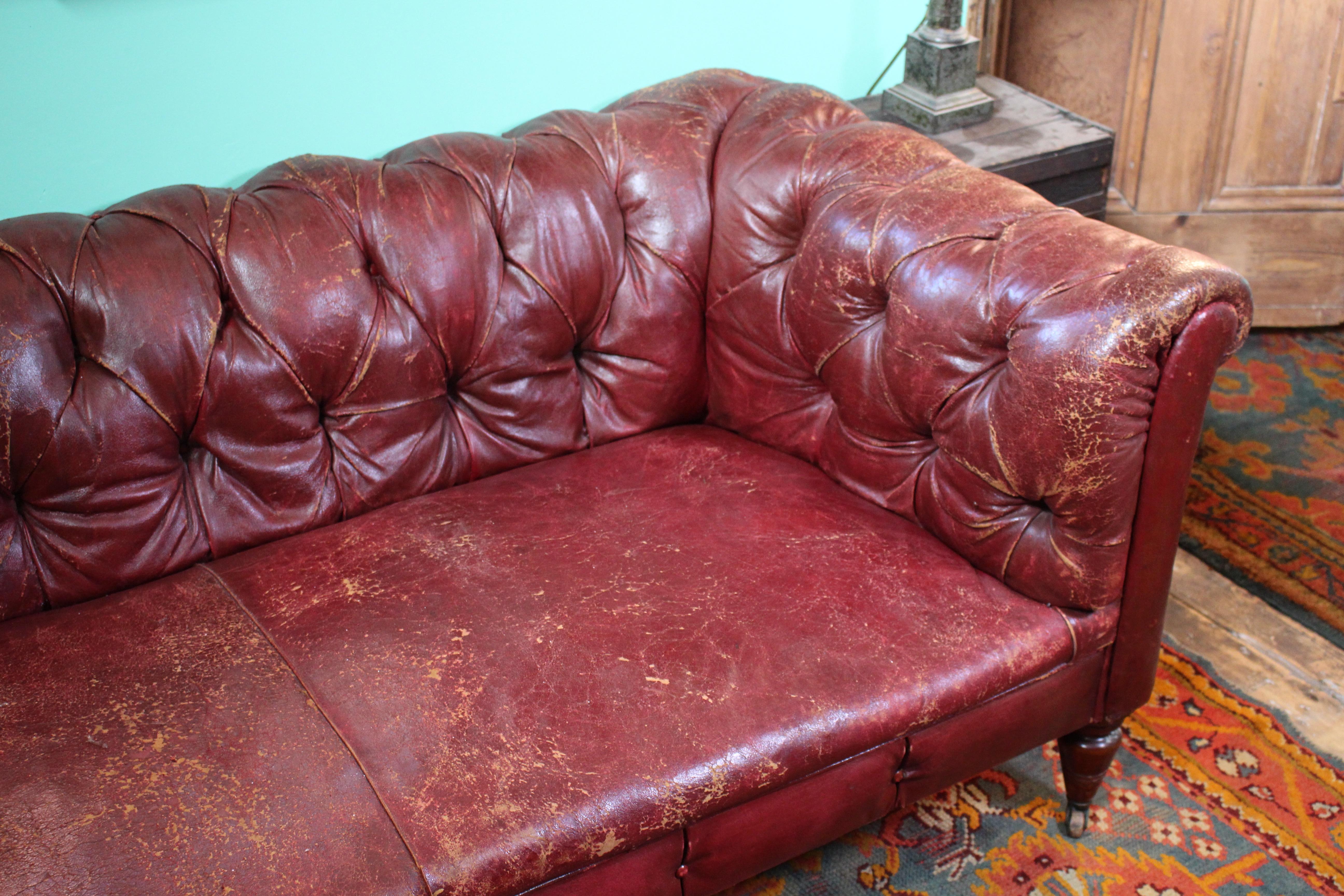Late 19th C Red Burgandy Buttoned Moroccan Leather English Chesterfield Sofa 1