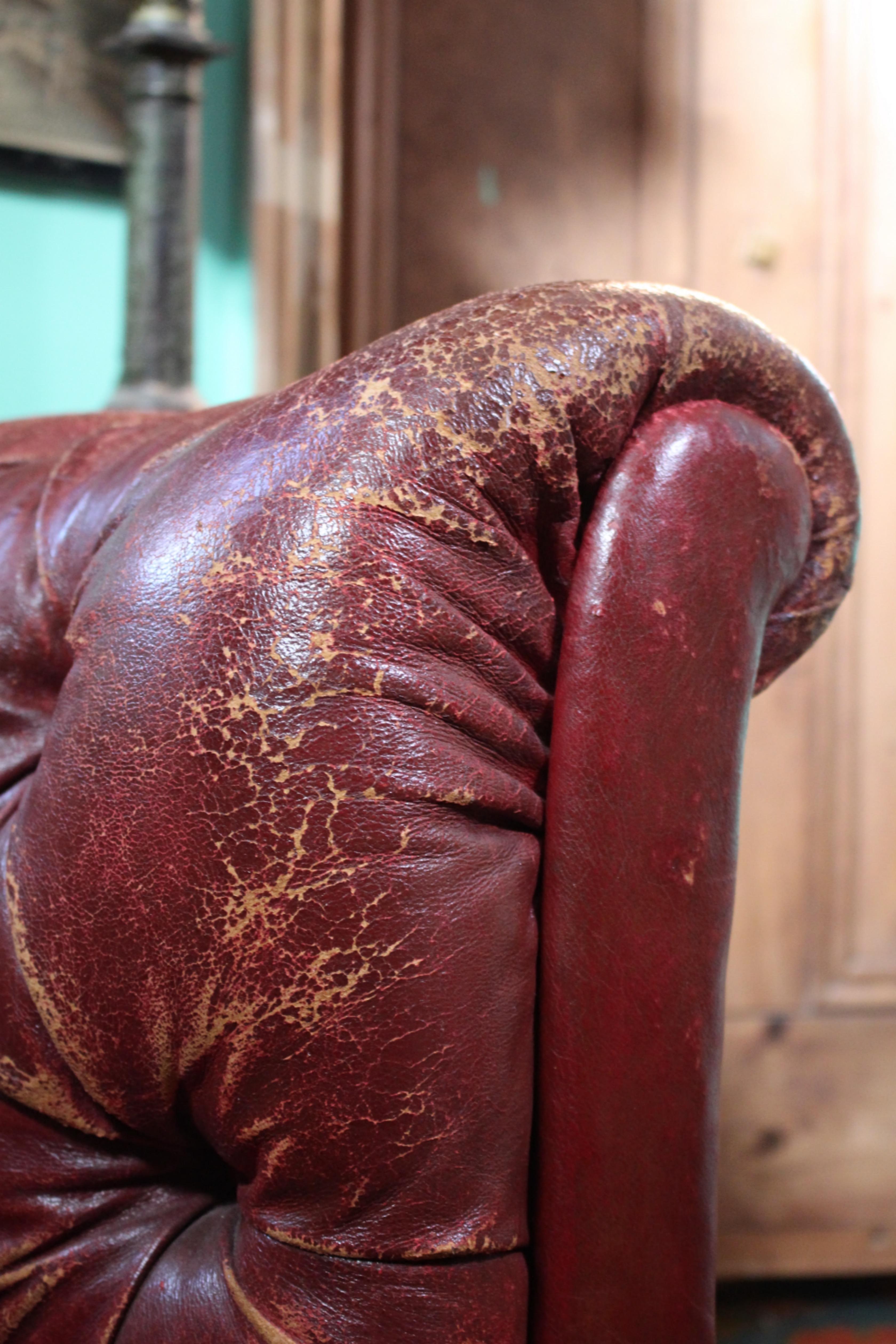 Late 19th C Red Burgandy Buttoned Moroccan Leather English Chesterfield Sofa 2