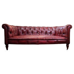 Late 19th C Red Burgandy Buttoned Moroccan Leather English Chesterfield Sofa