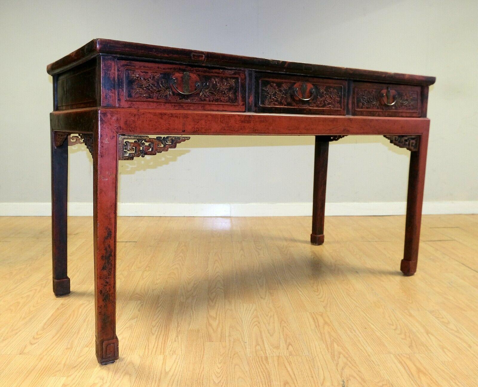 Late 19th C Red Lacquered Chinese Chippendale Console Table with Three Drawers For Sale 8