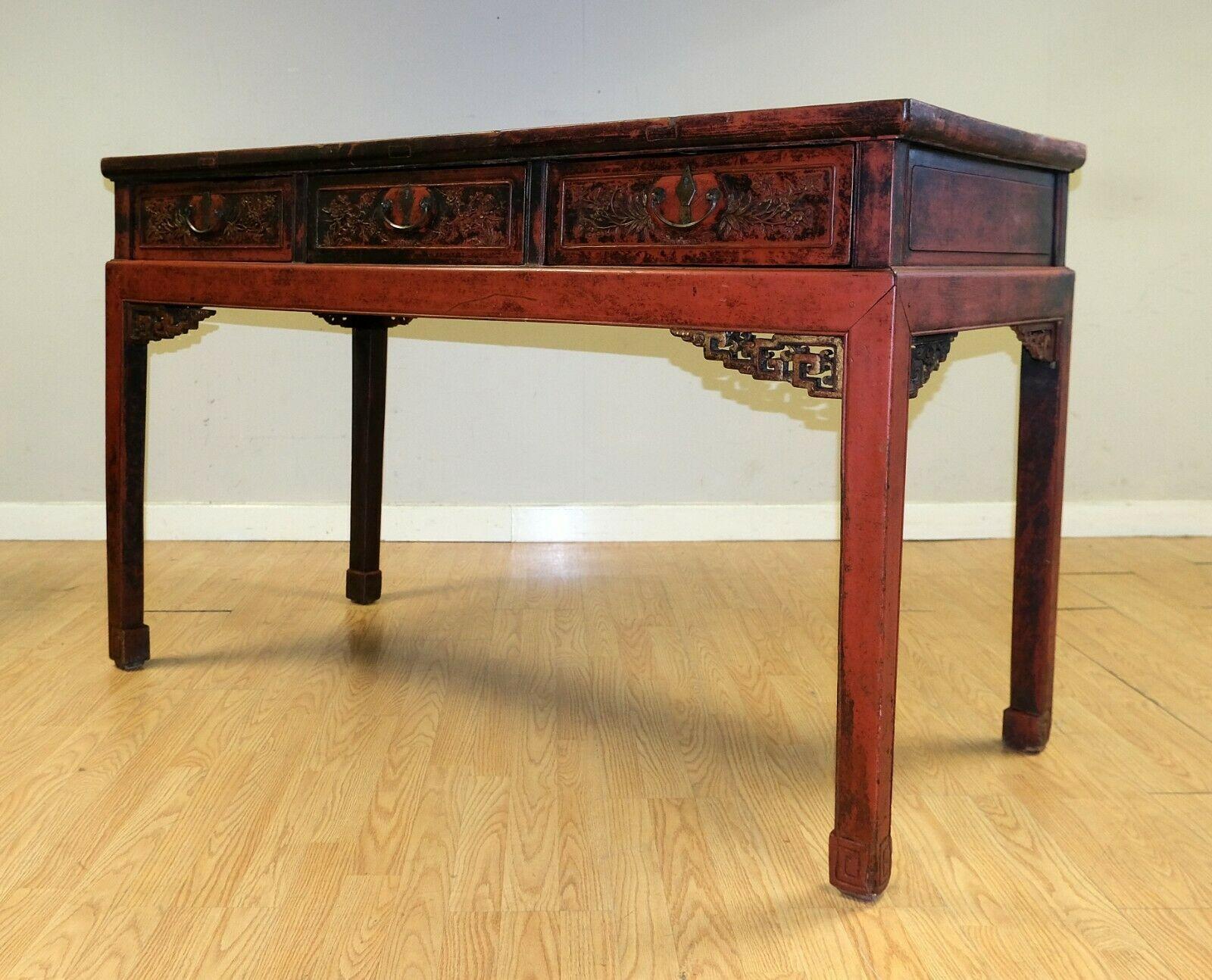 19th Century Late 19th C Red Lacquered Chinese Chippendale Console Table with Three Drawers For Sale