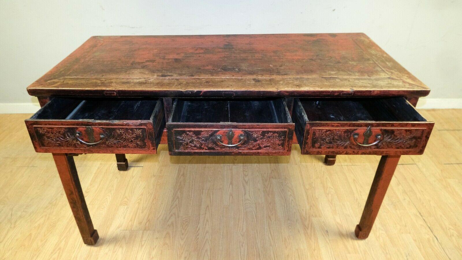 Wood Late 19th C Red Lacquered Chinese Chippendale Console Table with Three Drawers For Sale