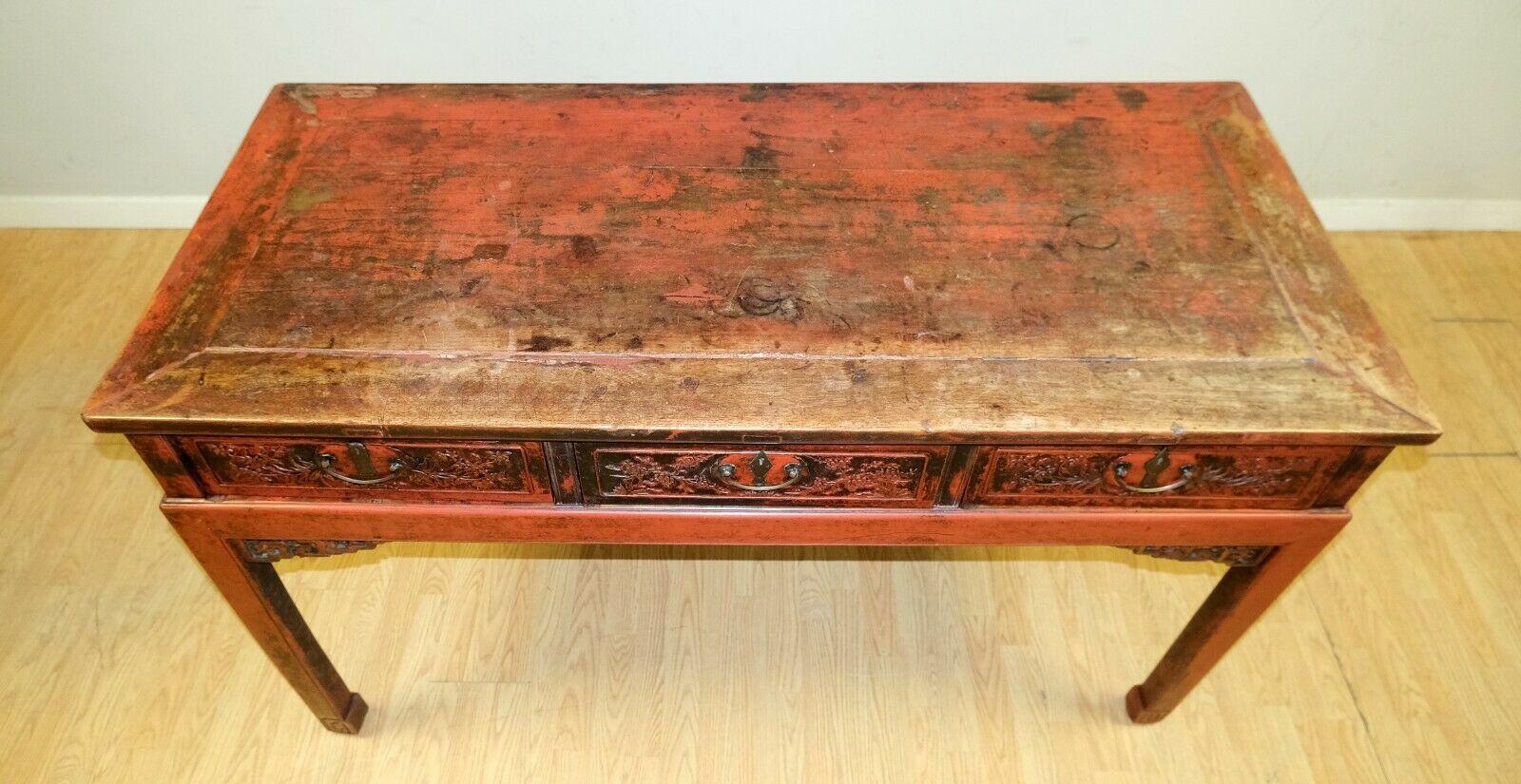 Late 19th C Red Lacquered Chinese Chippendale Console Table with Three Drawers For Sale 1