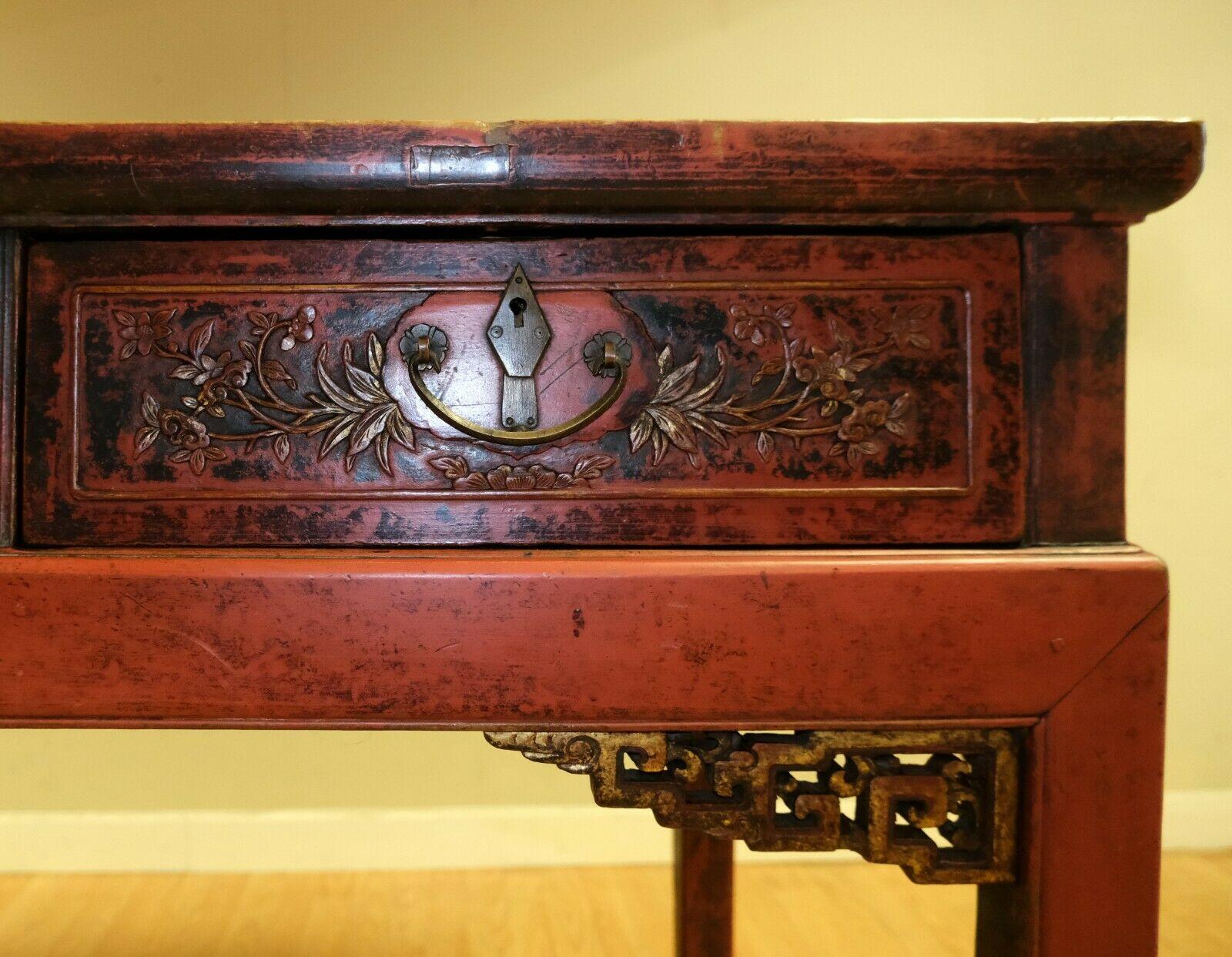 Late 19th C Red Lacquered Chinese Chippendale Console Table with Three Drawers For Sale 2