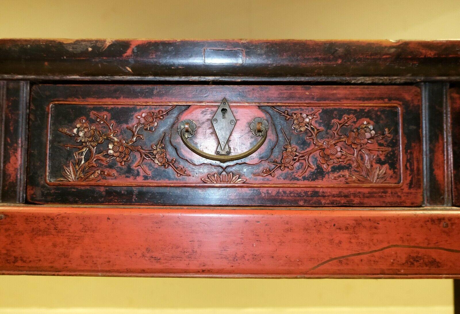 Late 19th C Red Lacquered Chinese Chippendale Console Table with Three Drawers For Sale 3