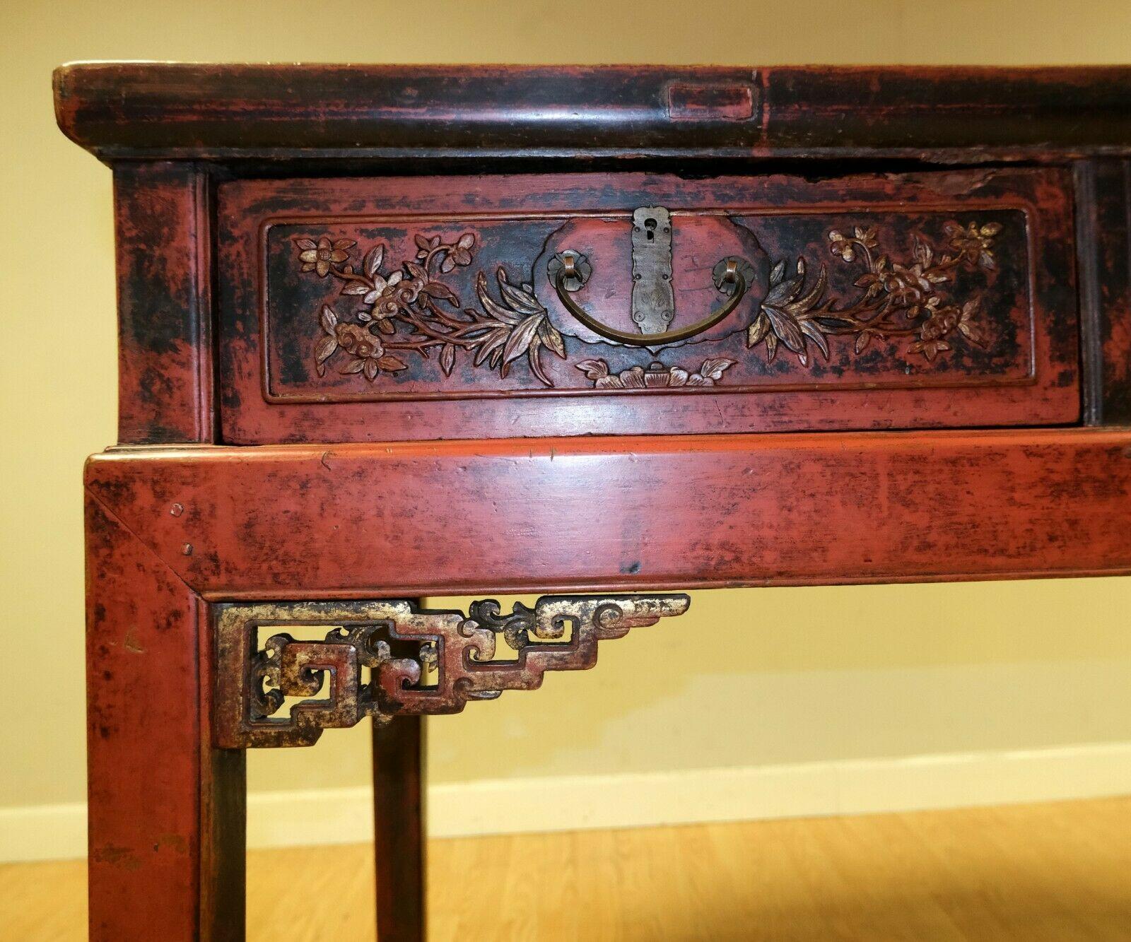 Late 19th C Red Lacquered Chinese Chippendale Console Table with Three Drawers For Sale 3
