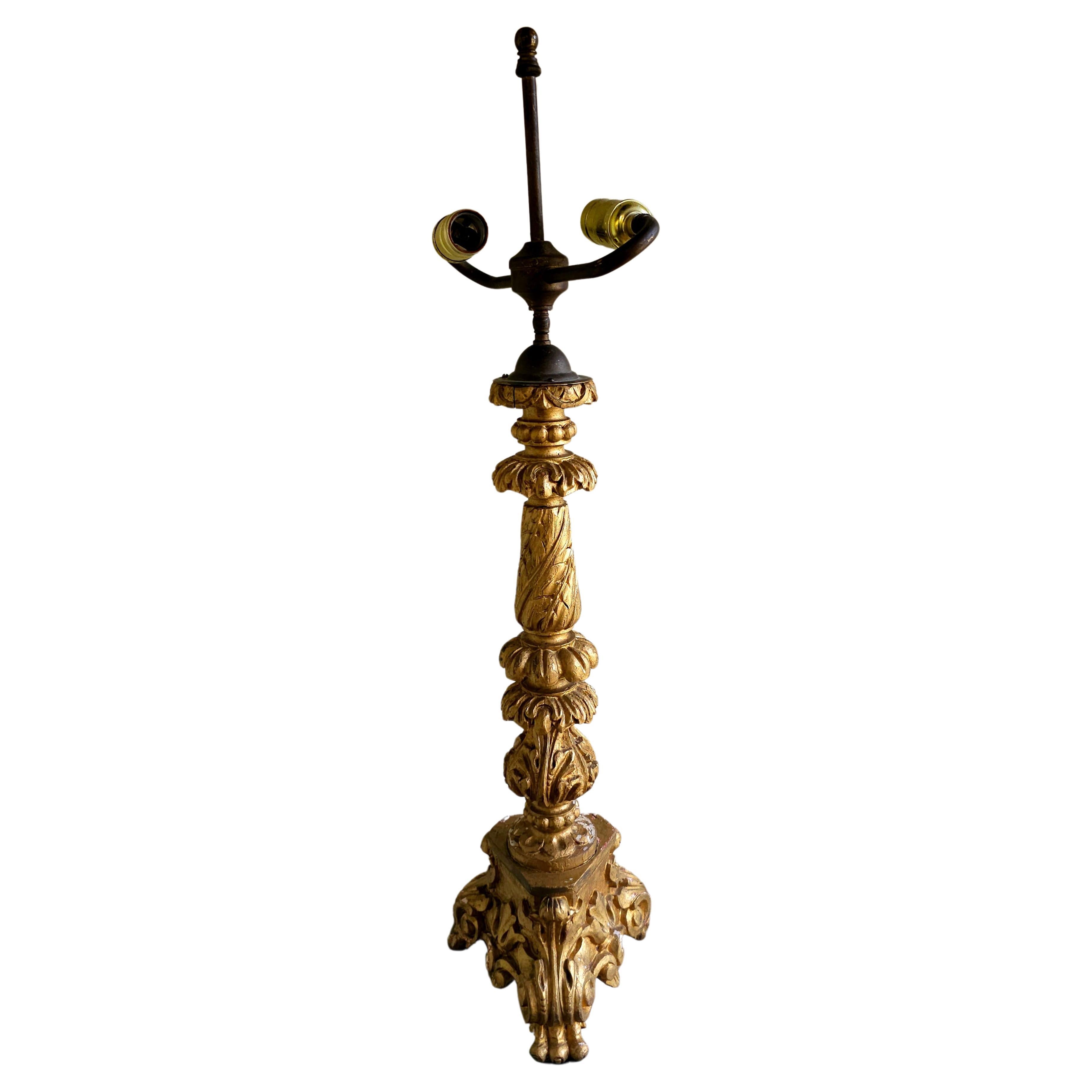 A Late 19th Century  Renaissance Style Gilt Wood Pricket Candlestick  dual lights Table Lamp. Measures 9