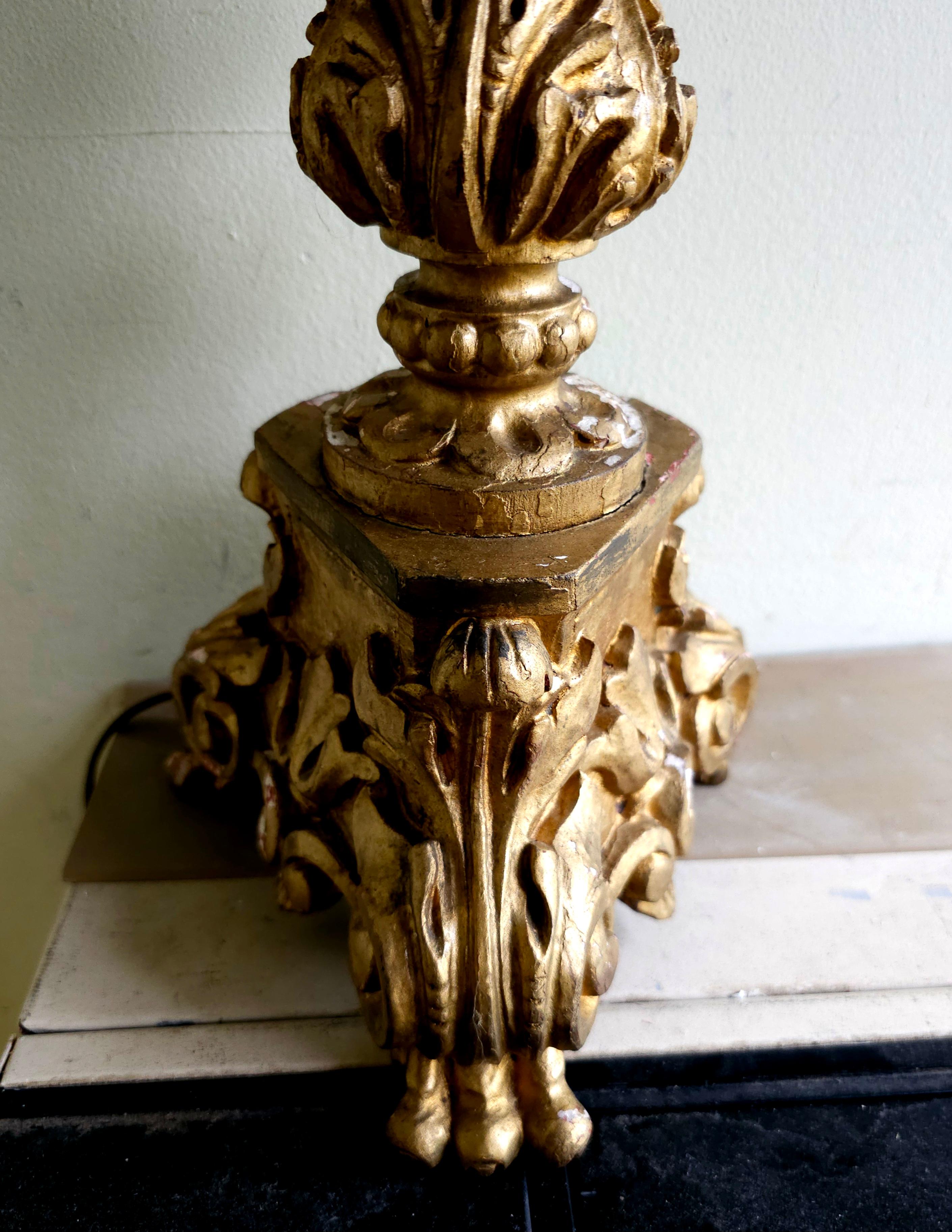 American Late 19th C. Renaissance Style Gilt Wood Pricket Candlestick Table Lamp For Sale