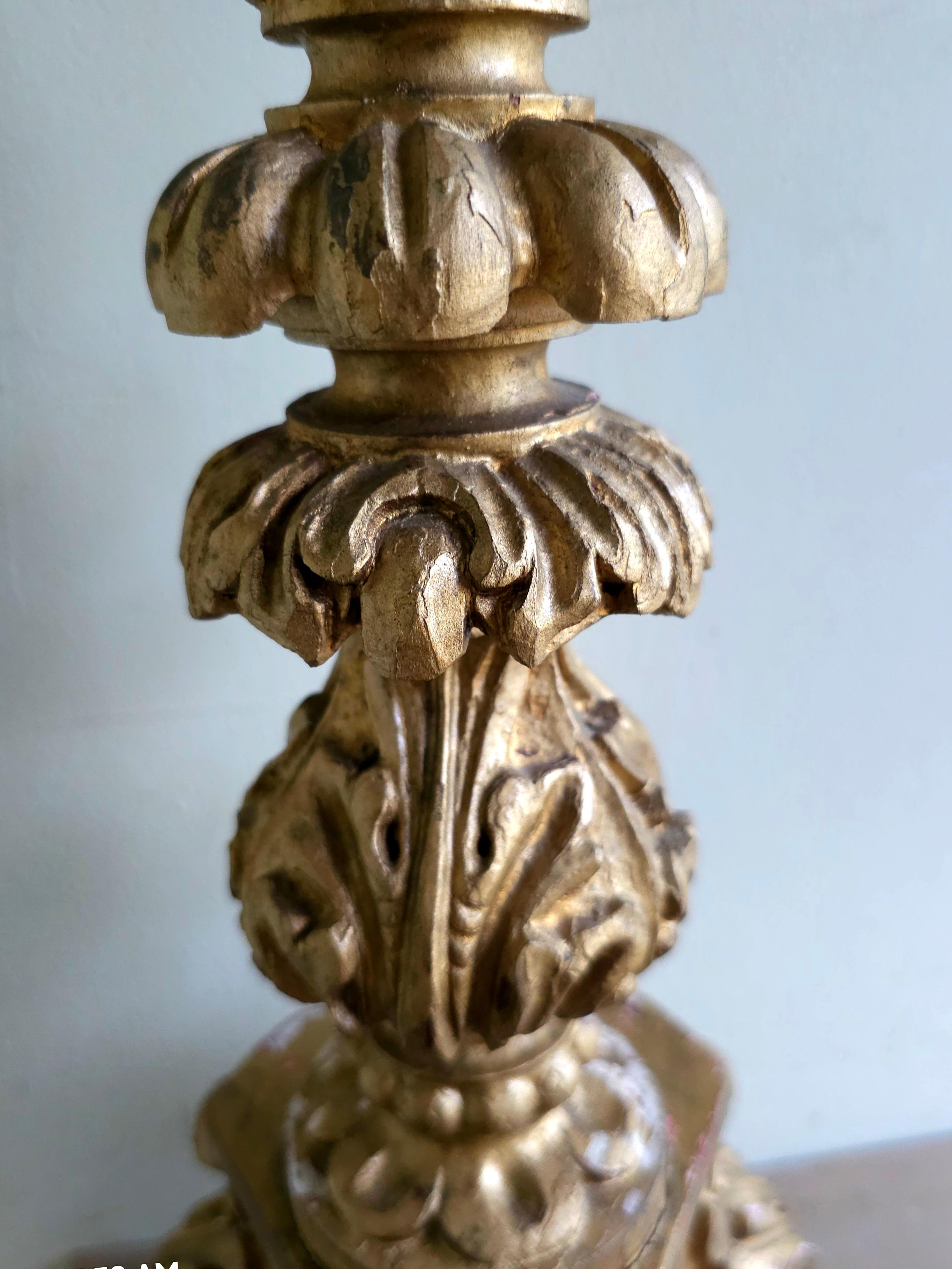 Late 19th C. Renaissance Style Gilt Wood Pricket Candlestick Table Lamp In Good Condition For Sale In Germantown, MD