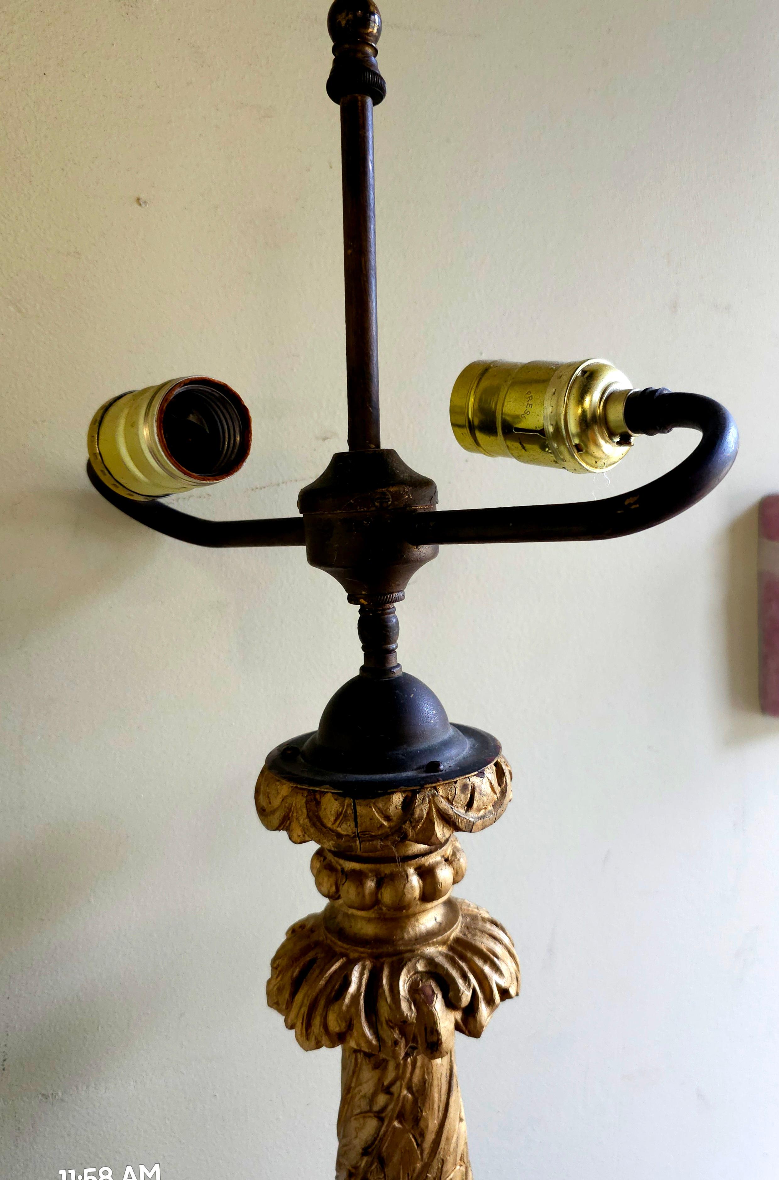 19th Century Late 19th C. Renaissance Style Gilt Wood Pricket Candlestick Table Lamp For Sale