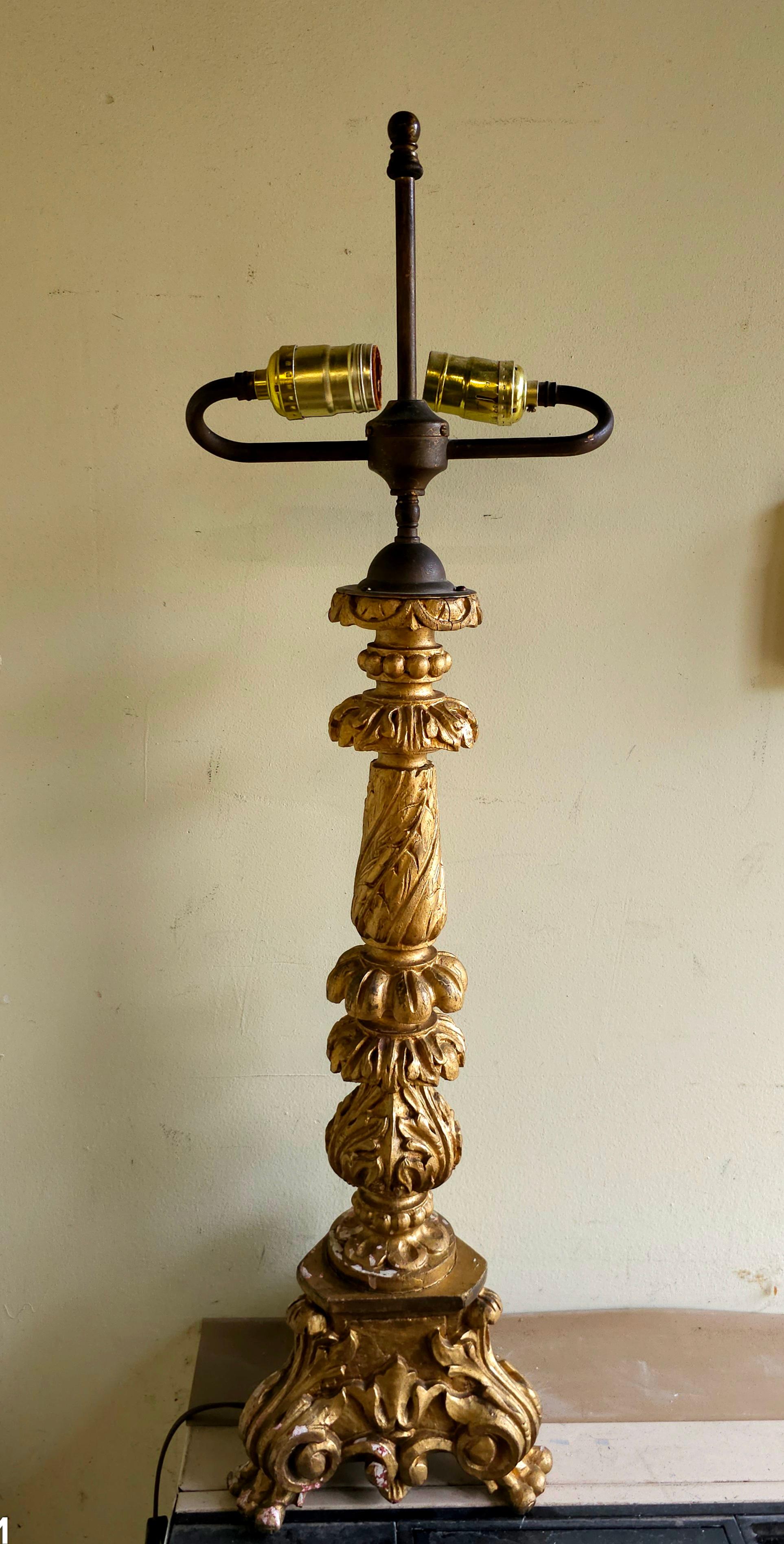 Late 19th C. Renaissance Style Gilt Wood Pricket Candlestick Table Lamp For Sale 1