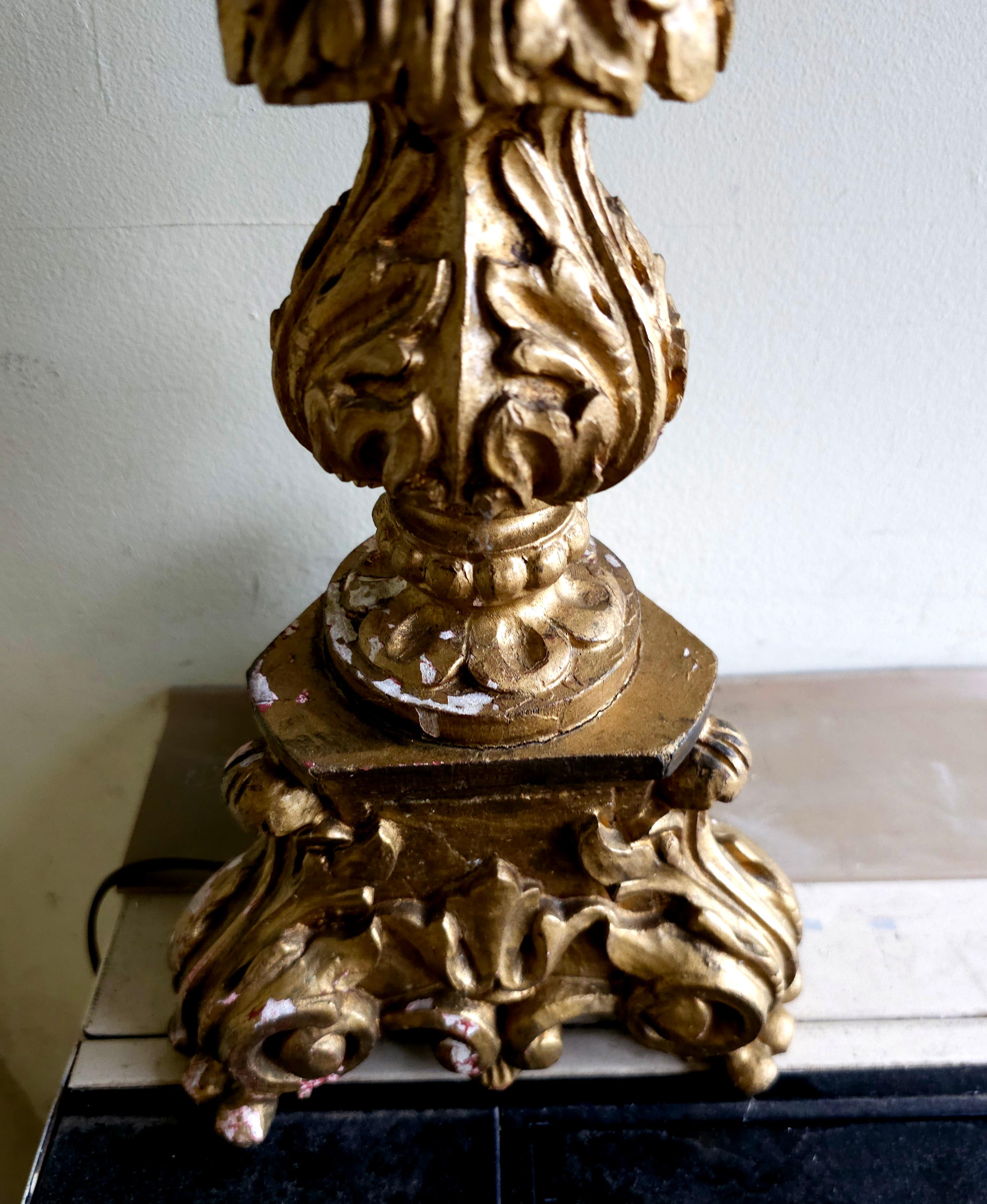 Late 19th C. Renaissance Style Gilt Wood Pricket Candlestick Table Lamp For Sale 2