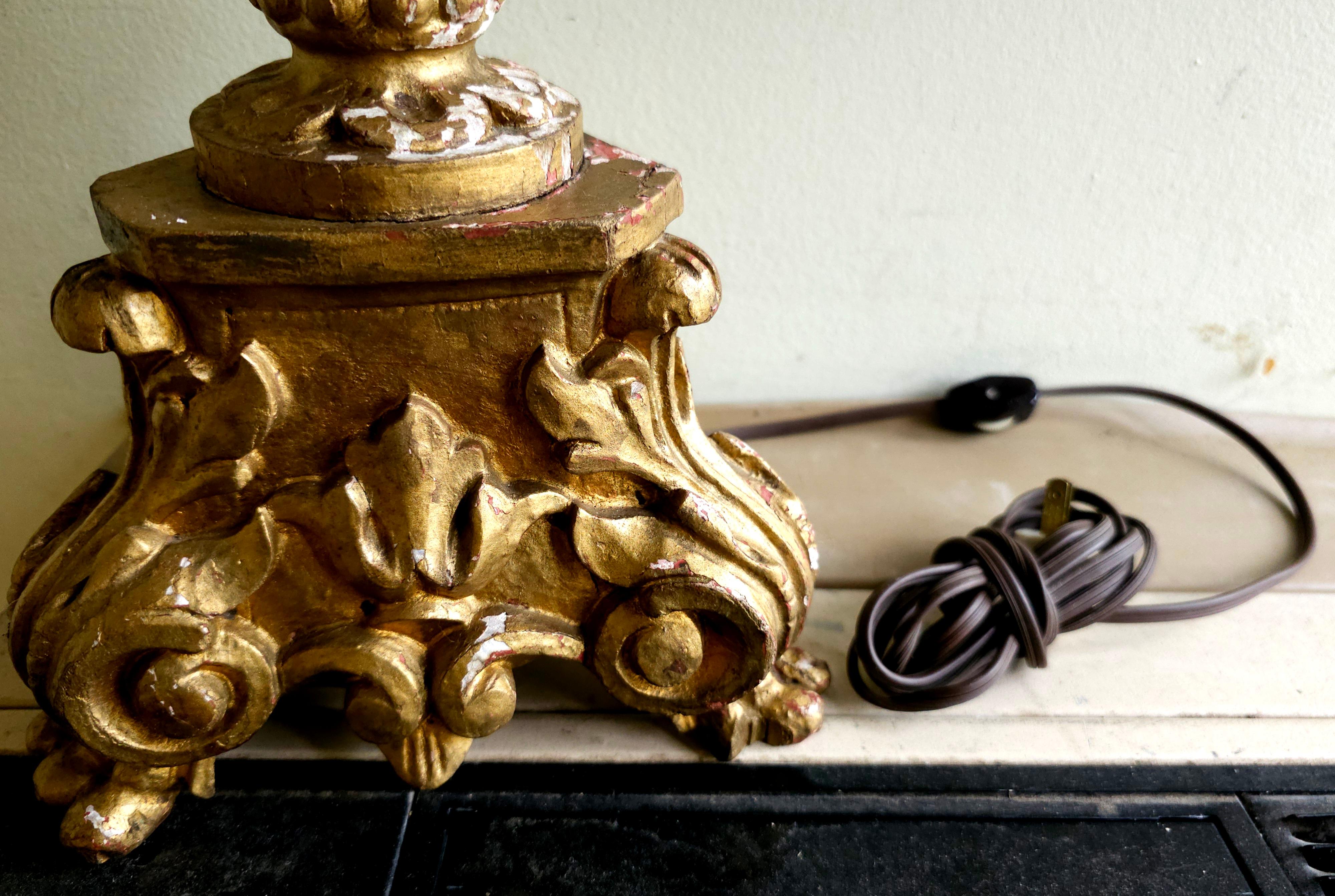 Late 19th C. Renaissance Style Gilt Wood Pricket Candlestick Table Lamp For Sale 3