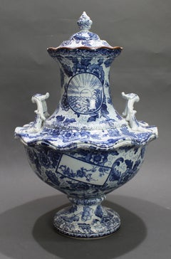 Late 19th C. Royal Bonn Tokio Blue & White Lidded Vase