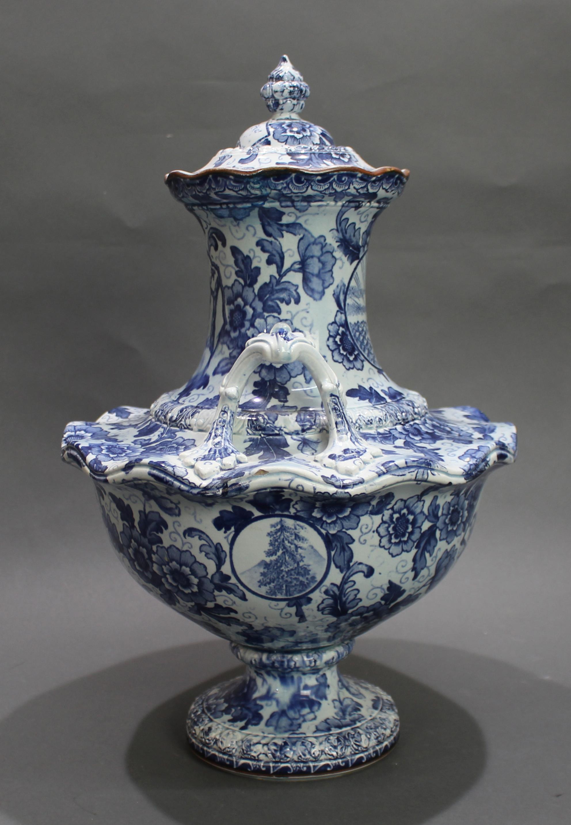 German Late 19th C. Royal Bonn Tokio Blue & White Lidded Vase