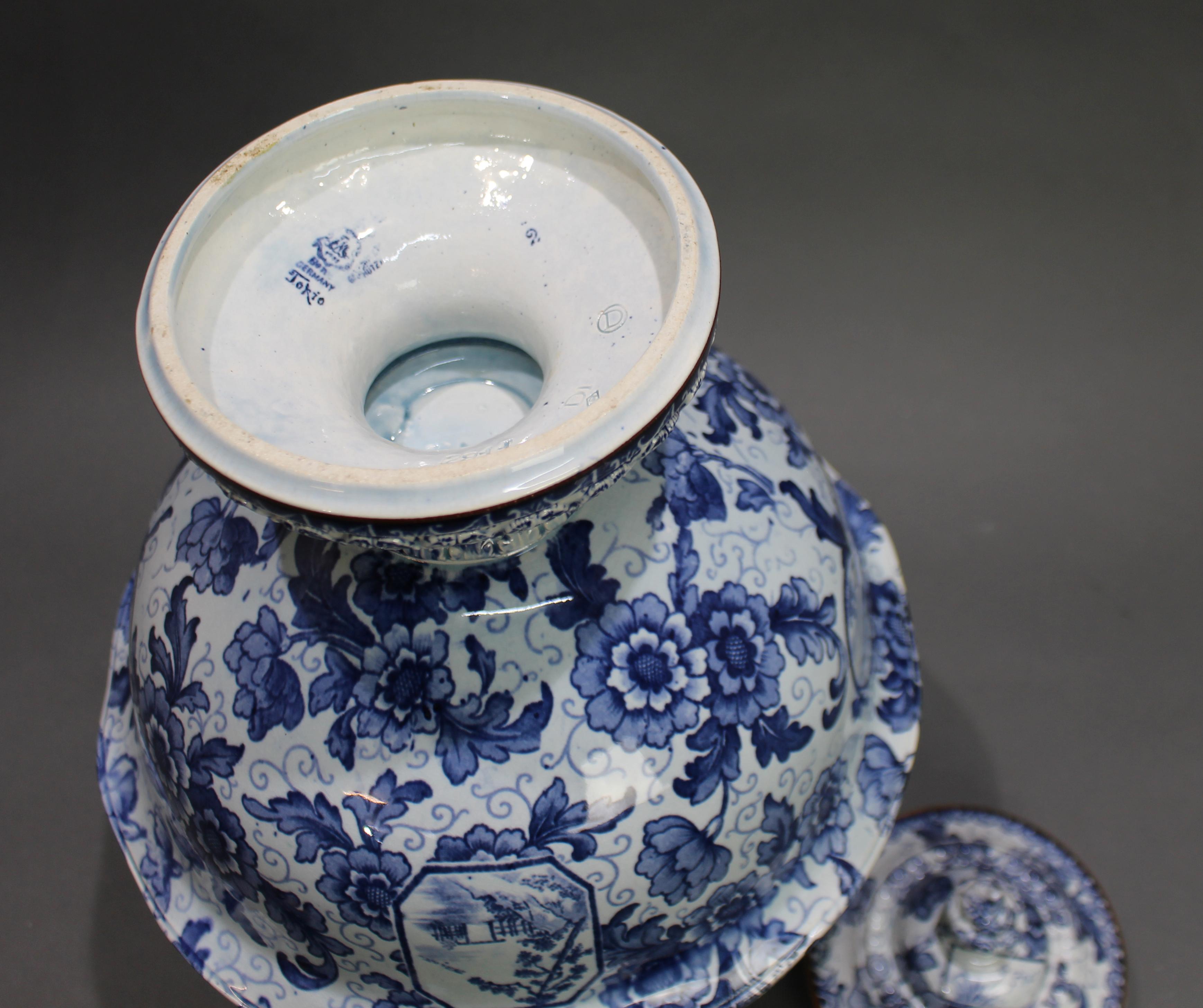 Porcelain Late 19th C. Royal Bonn Tokio Blue & White Lidded Vase