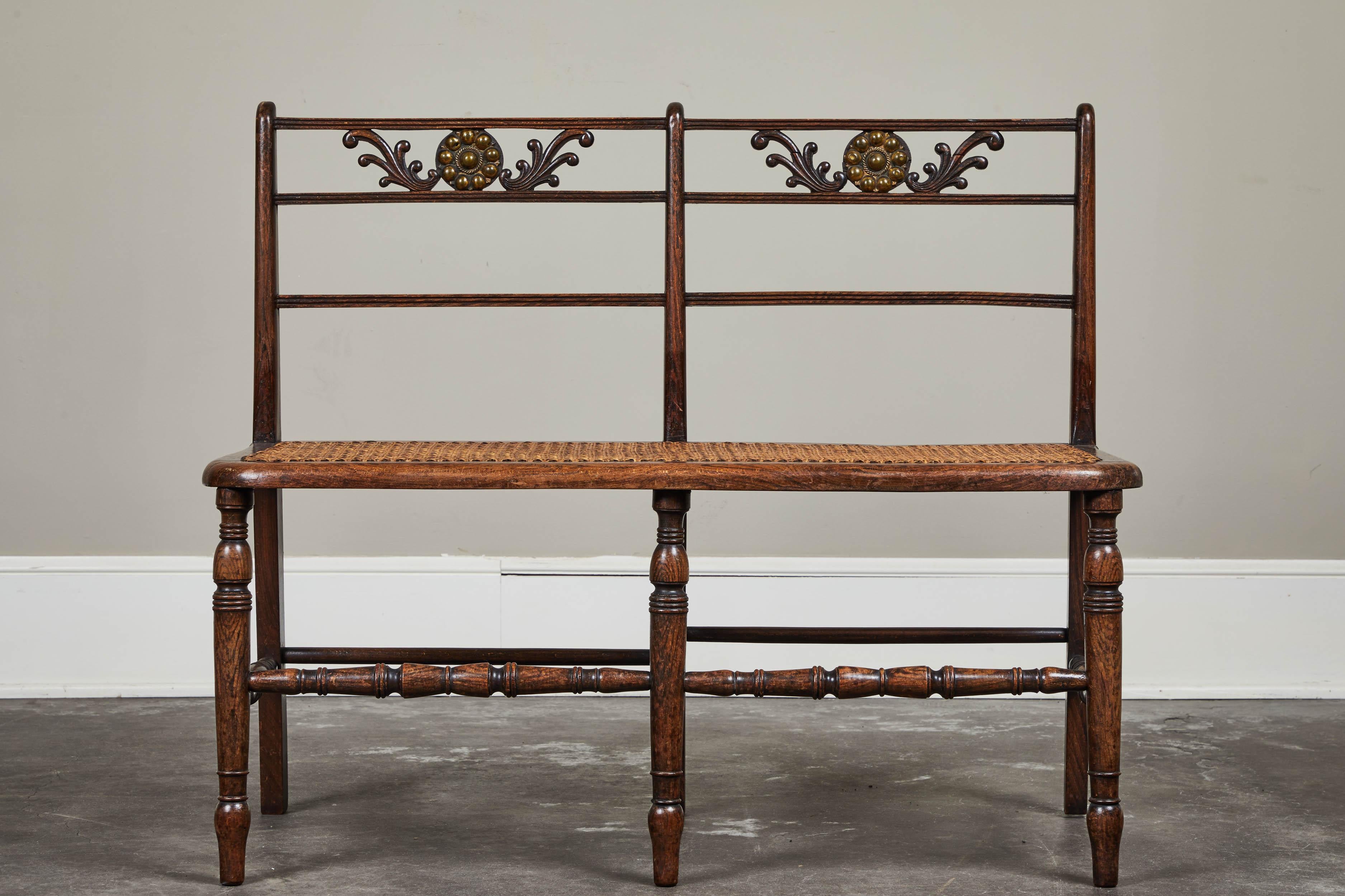 Arts and Crafts Late 19th Century Rush Seat Wood Bench with Cushion