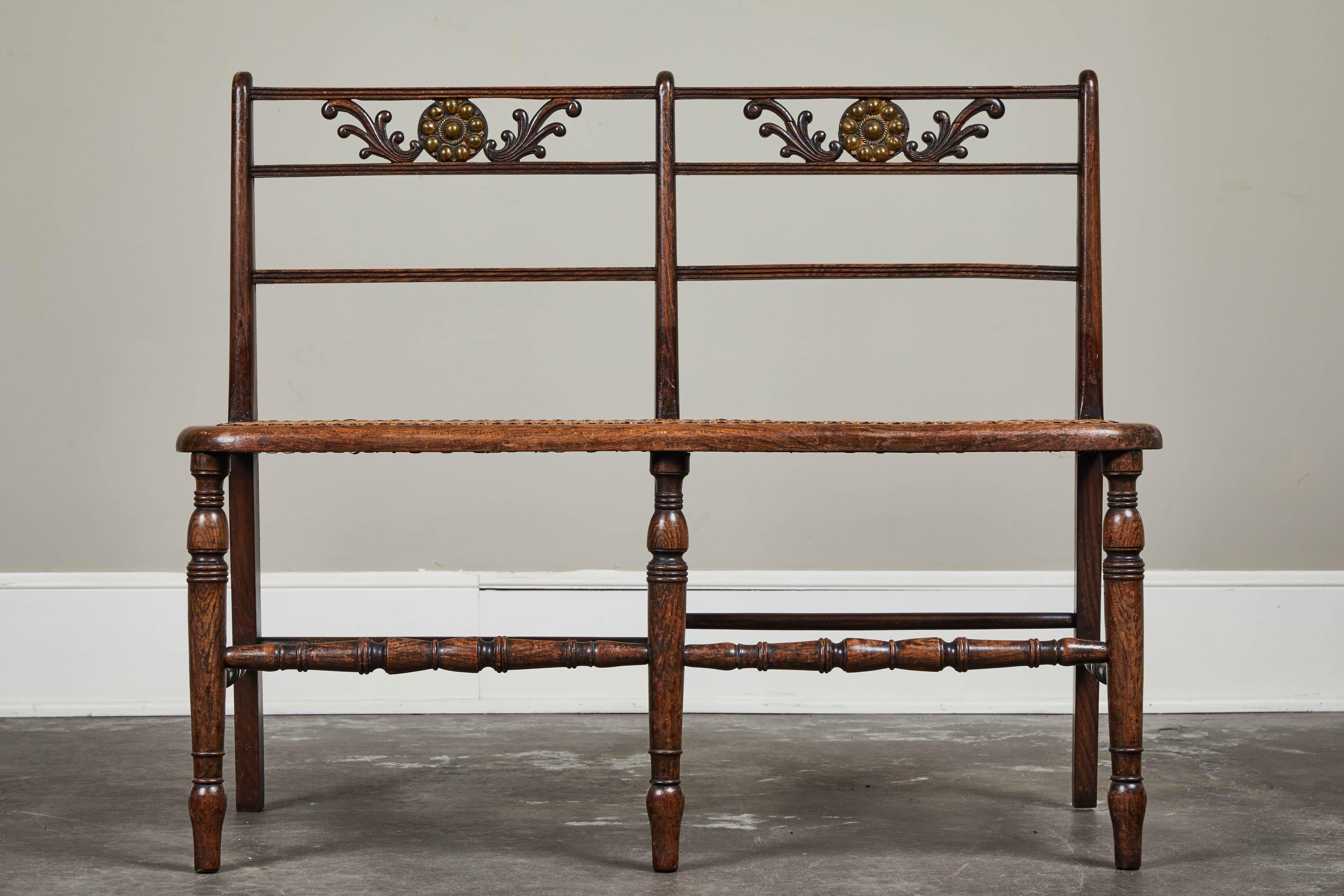 English Late 19th Century Rush Seat Wood Bench with Cushion
