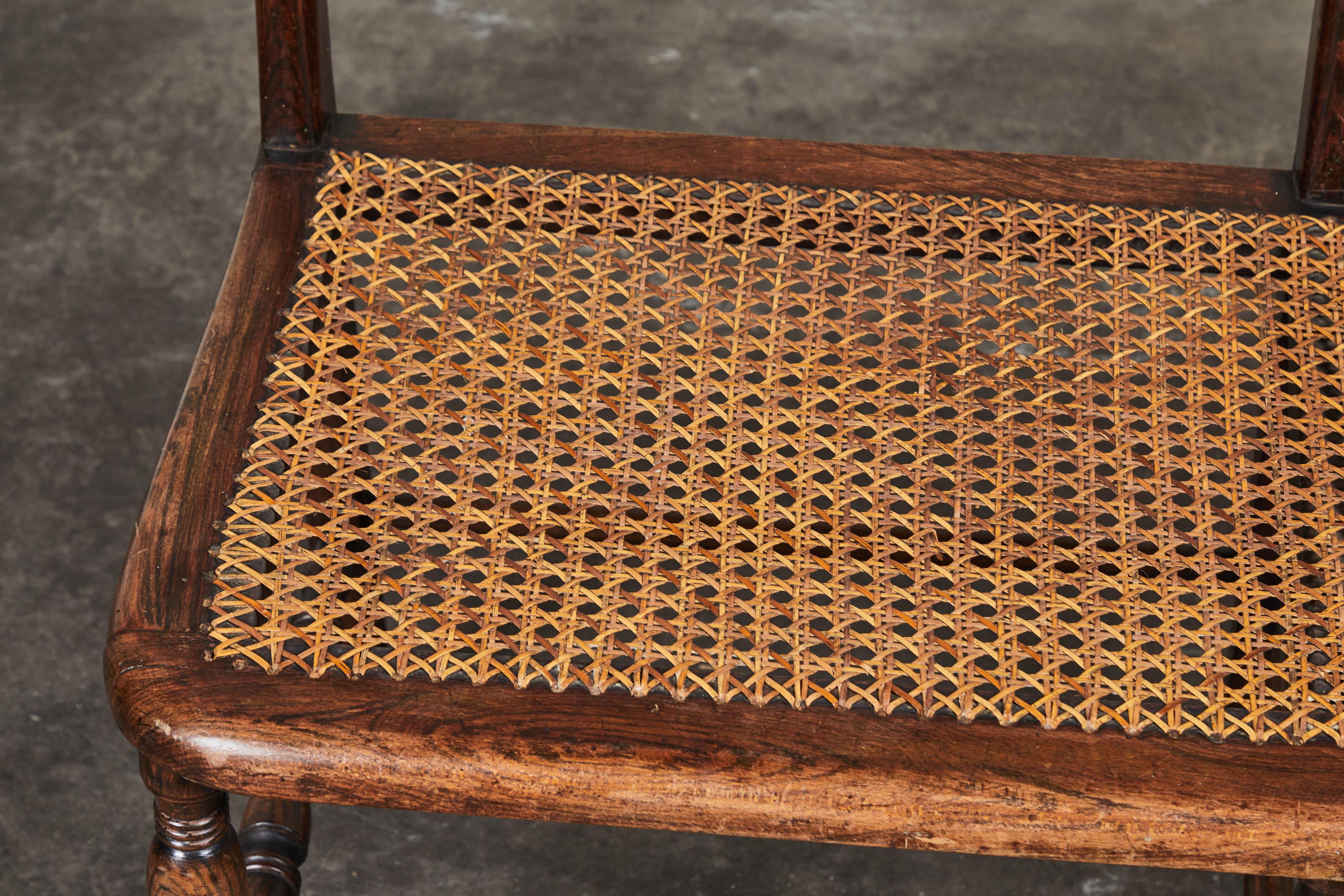 Brass Late 19th Century Rush Seat Wood Bench with Cushion